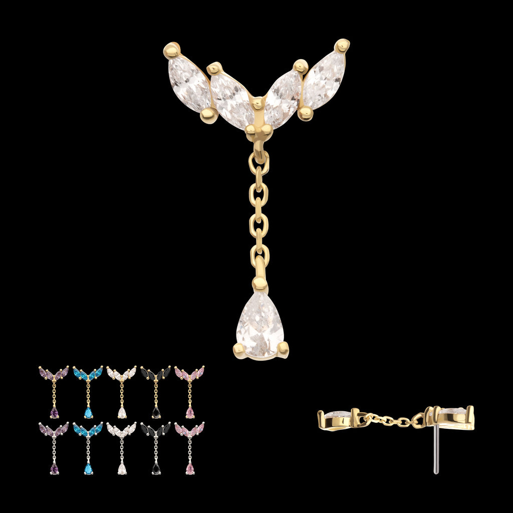 Quadruple Marquise Cluster with Teardrop CZ Gem Dangle Flatback Stud Earring / Nosering - CZ in 14Kt Gold