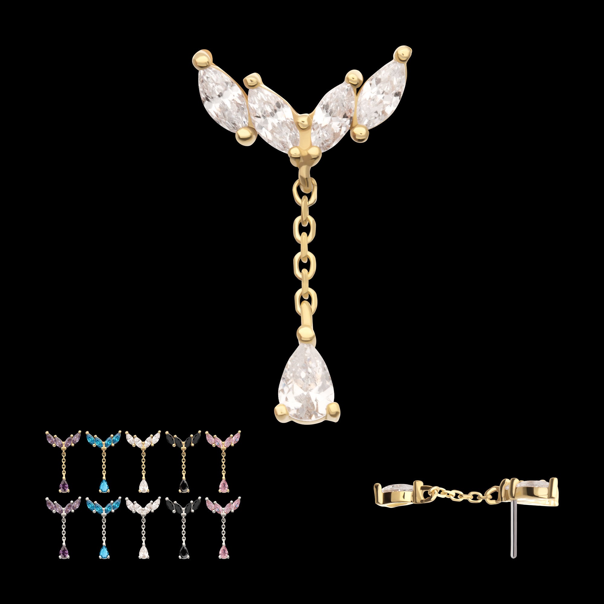 Quadruple Marquise Cluster with Teardrop CZ Gem Dangle Flatback Stud Earring / Nosering - CZ in 14Kt Gold