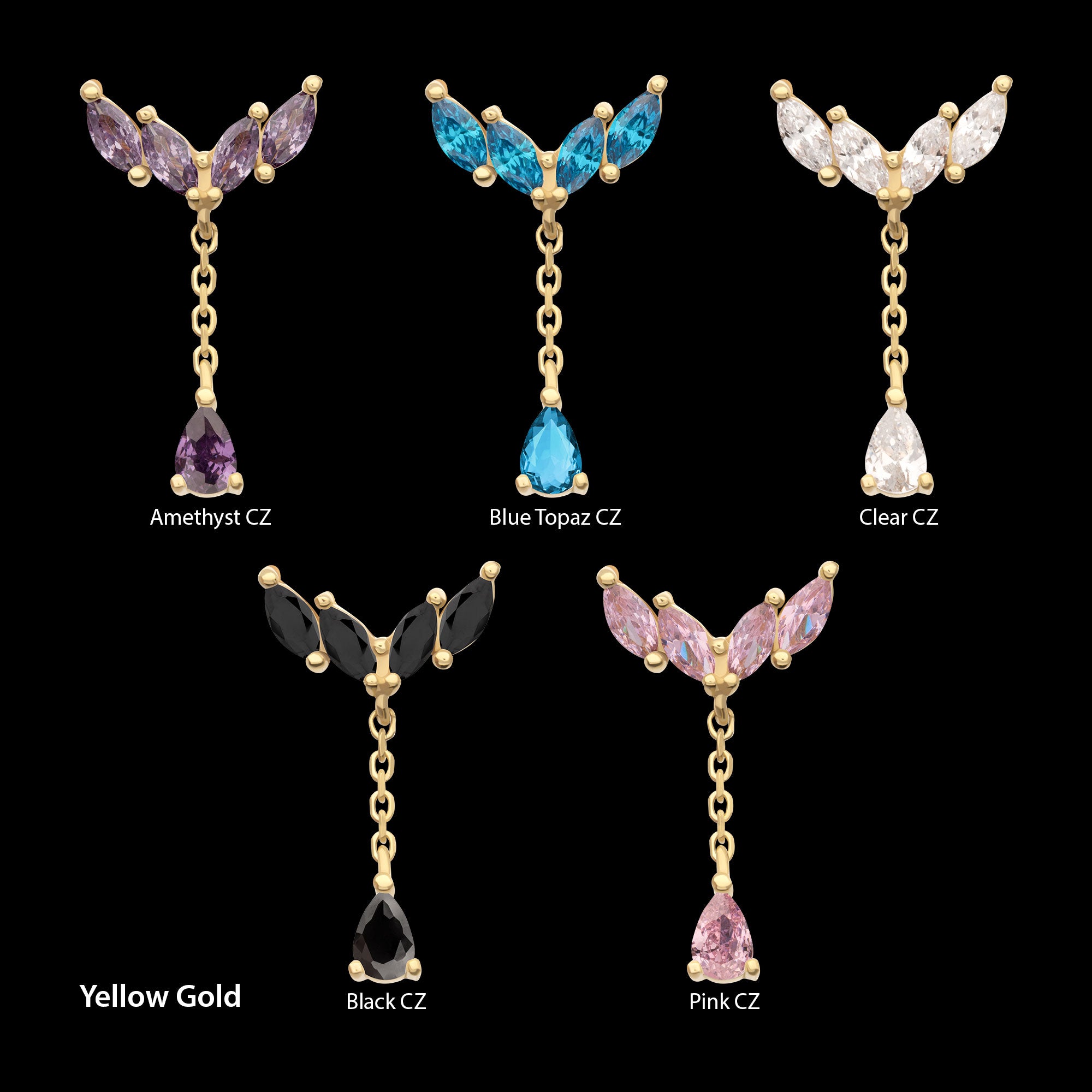 Quadruple Marquise Cluster with Teardrop CZ Gem Dangle Flatback Stud Earring / Nosering - CZ in 14Kt Gold