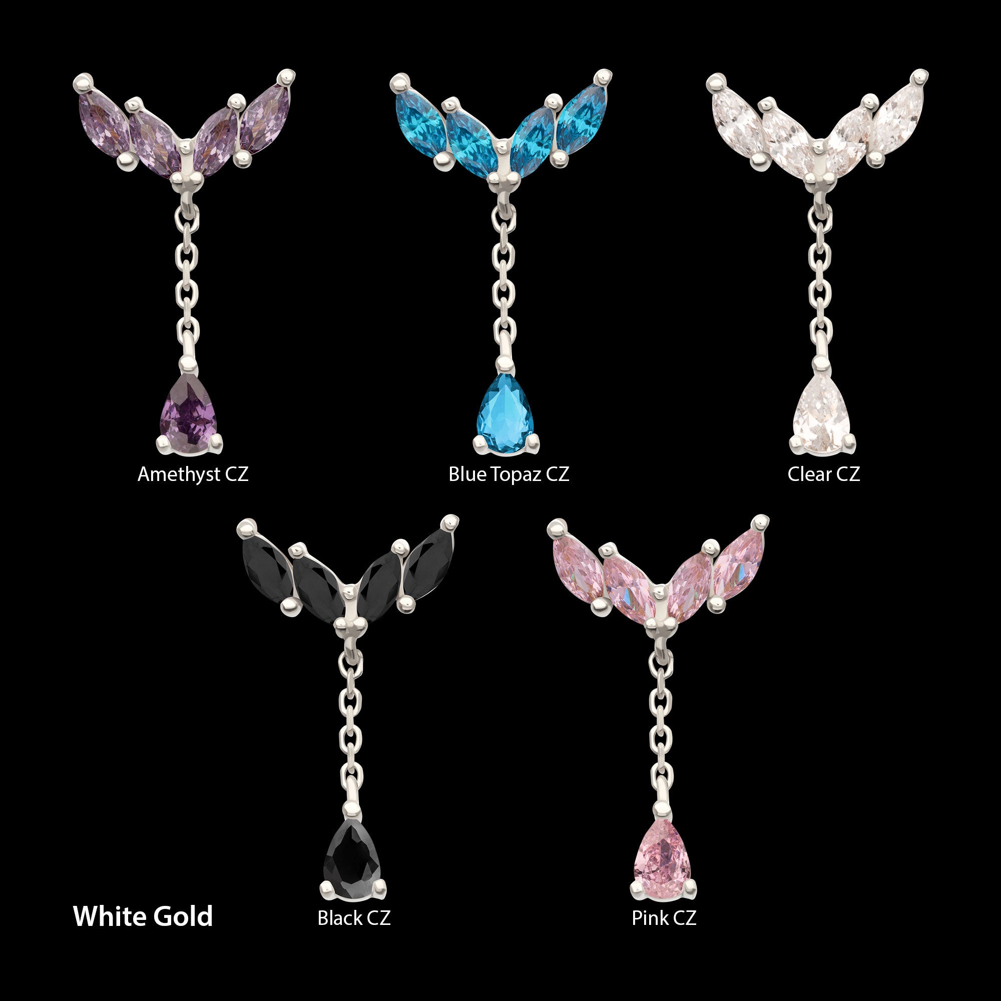 Quadruple Marquise Cluster with Teardrop CZ Gem Dangle Flatback Stud Earring / Nosering - CZ in 14Kt Gold