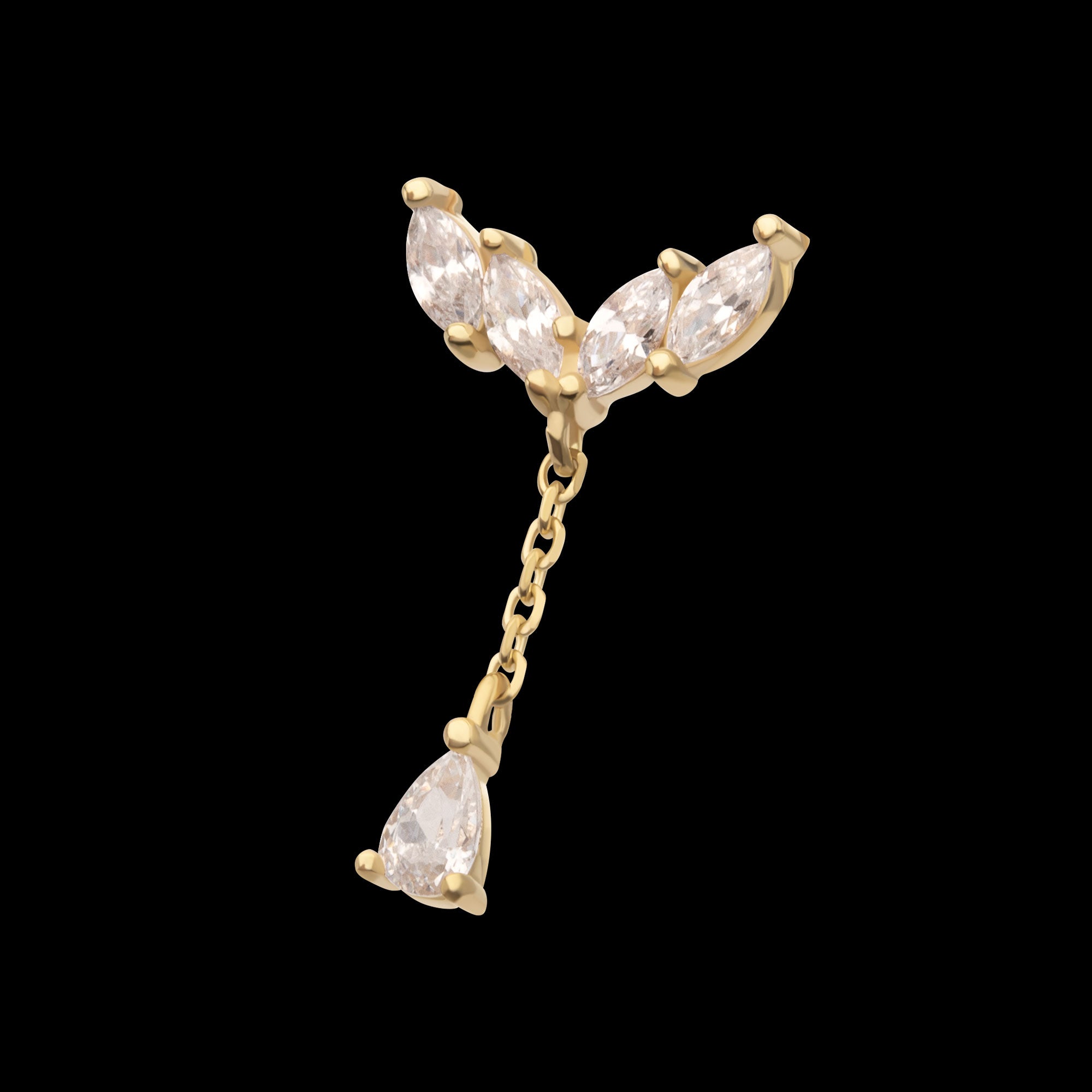 Quadruple Marquise Cluster with Teardrop CZ Gem Dangle Flatback Stud Earring / Nosering - CZ in 14Kt Gold
