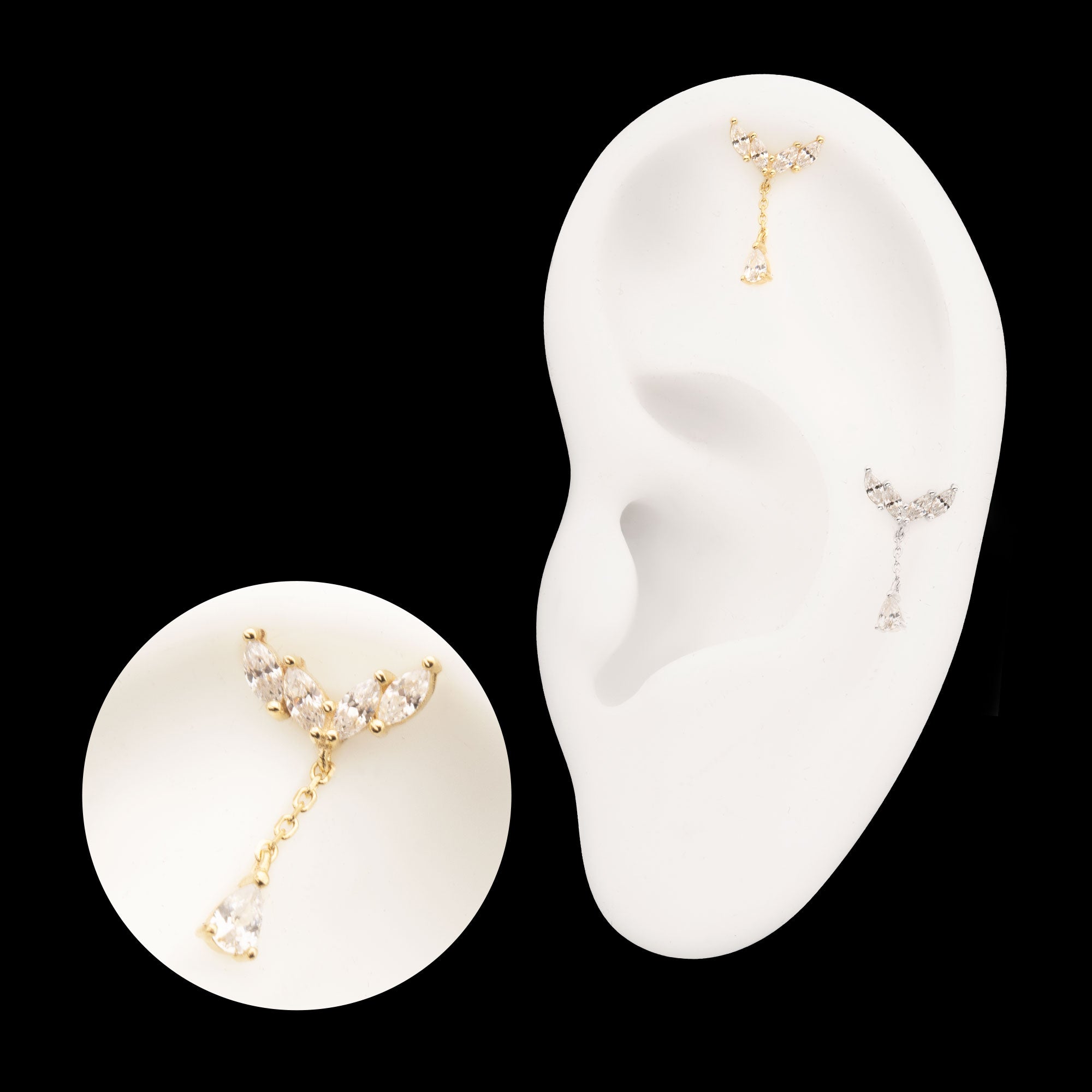 Quadruple Marquise Cluster with Teardrop CZ Gem Dangle Flatback Stud Earring / Nosering - CZ in 14Kt Gold
