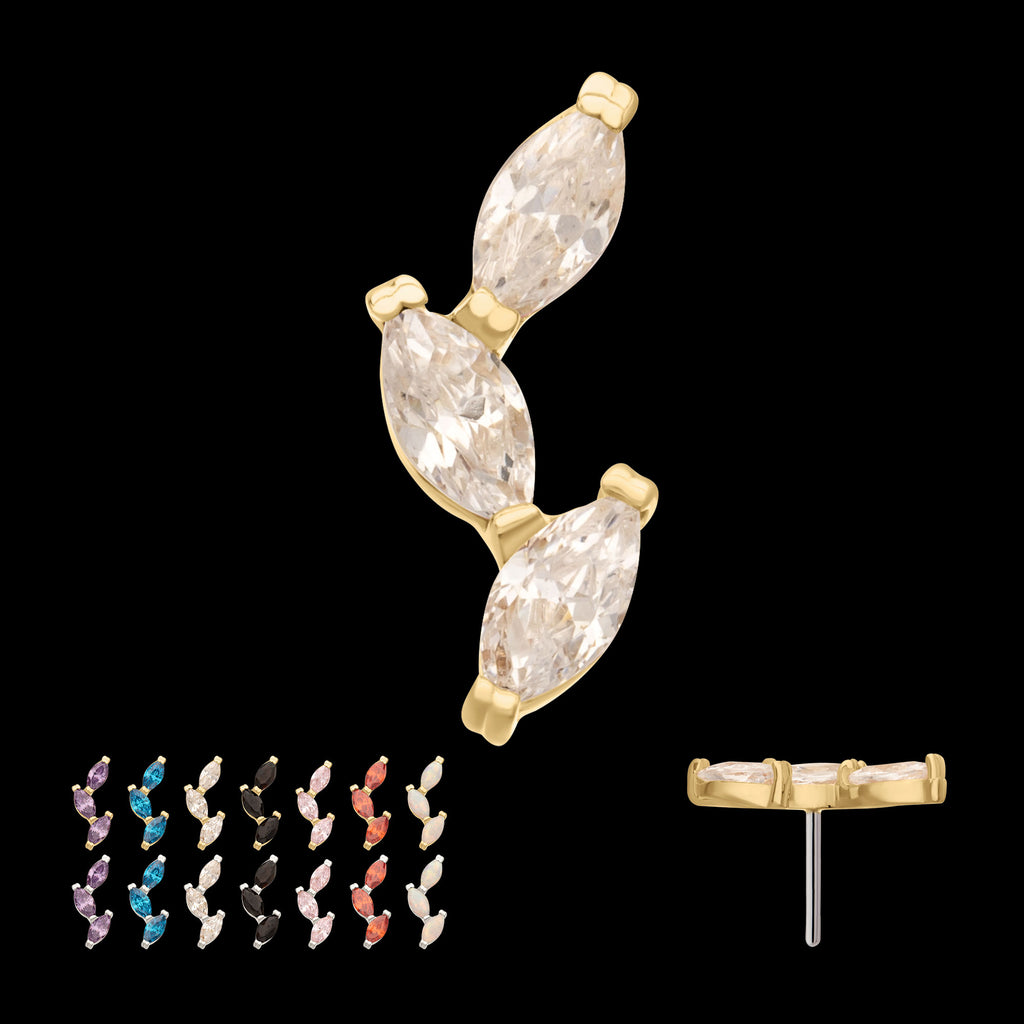 Vine Shape with 3-Tier Marquise Gem Flatback Stud Earring / Nosering - Gem in 14Kt Gold