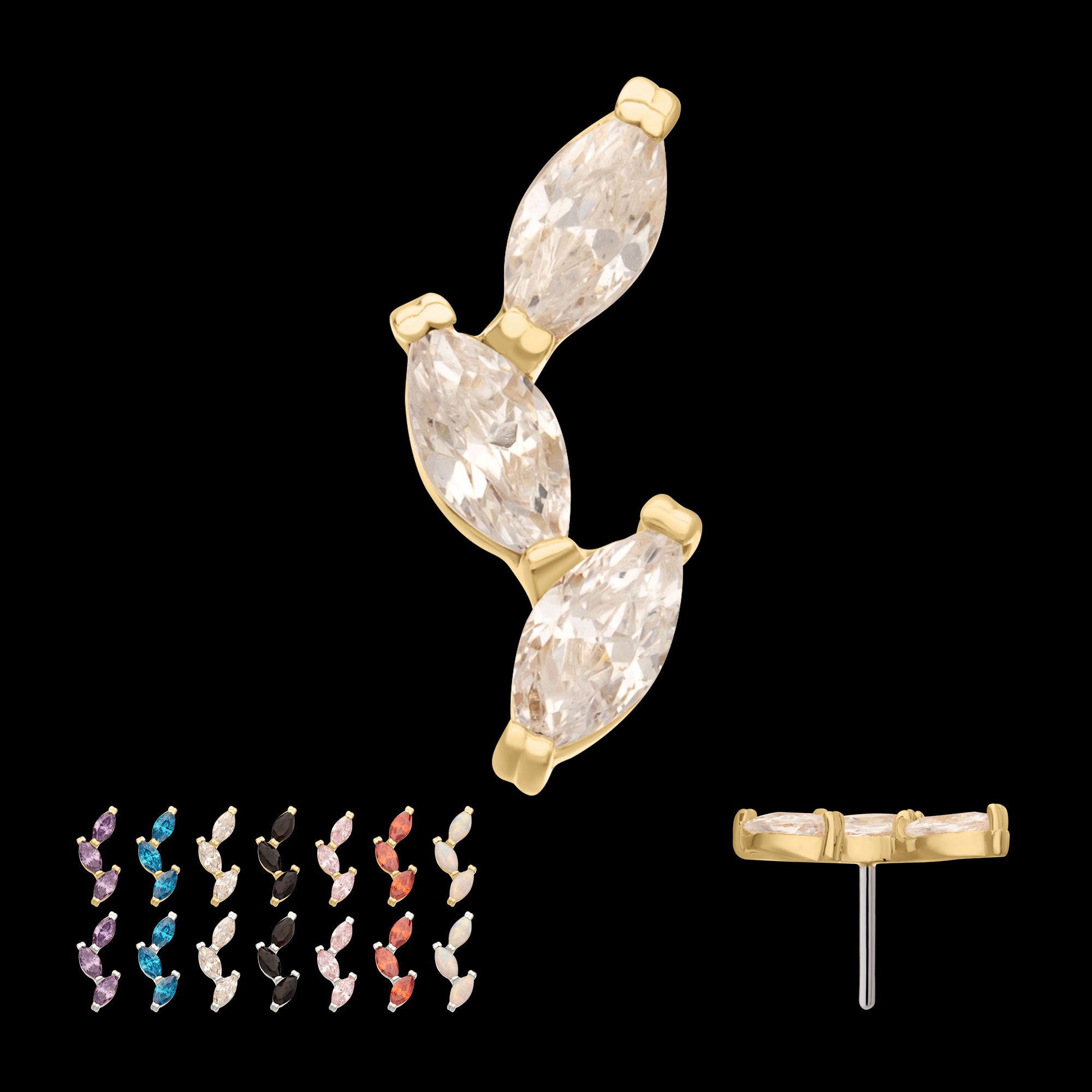 Vine Shape with 3-Tier Marquise Gem Flatback Stud Earring / Nosering - Gem in 14Kt Gold