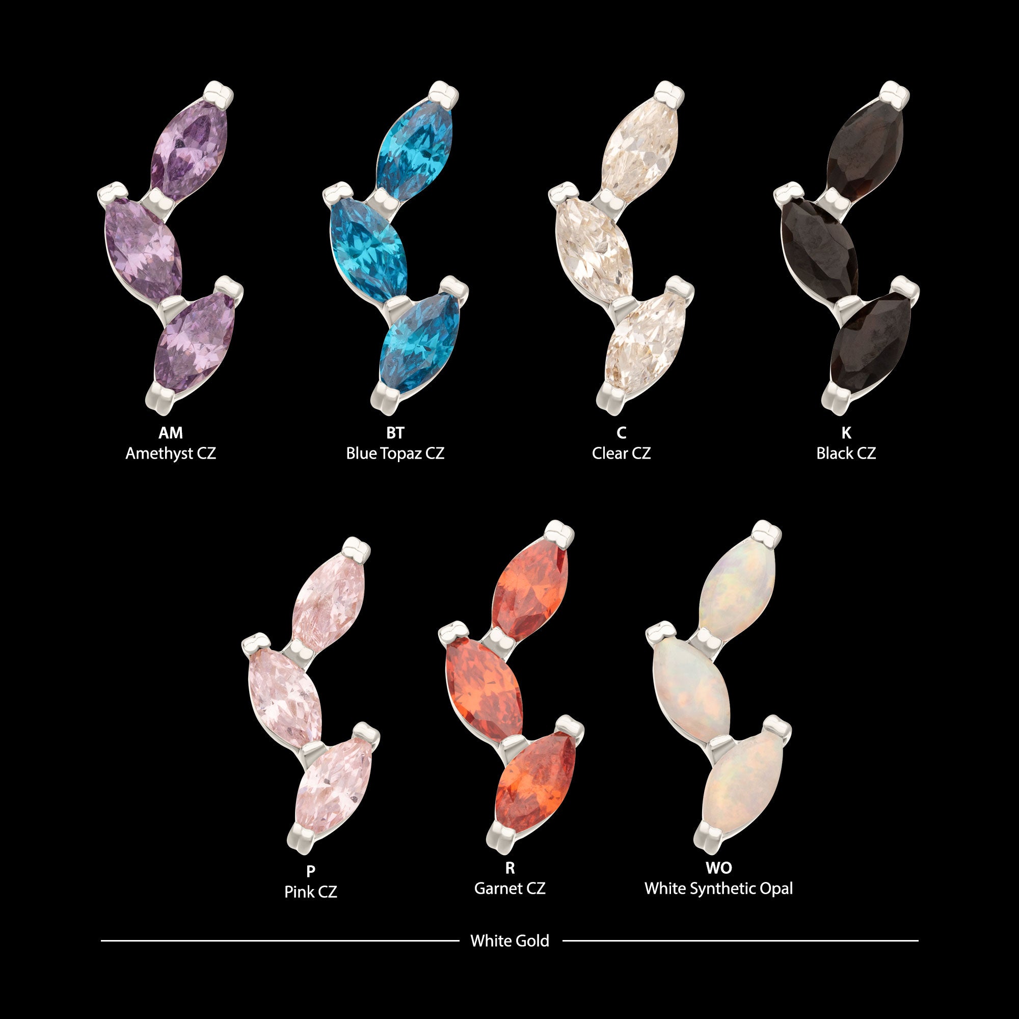 Vine Shape with 3-Tier Marquise Gem Flatback Stud Earring / Nosering - Gem in 14Kt Gold