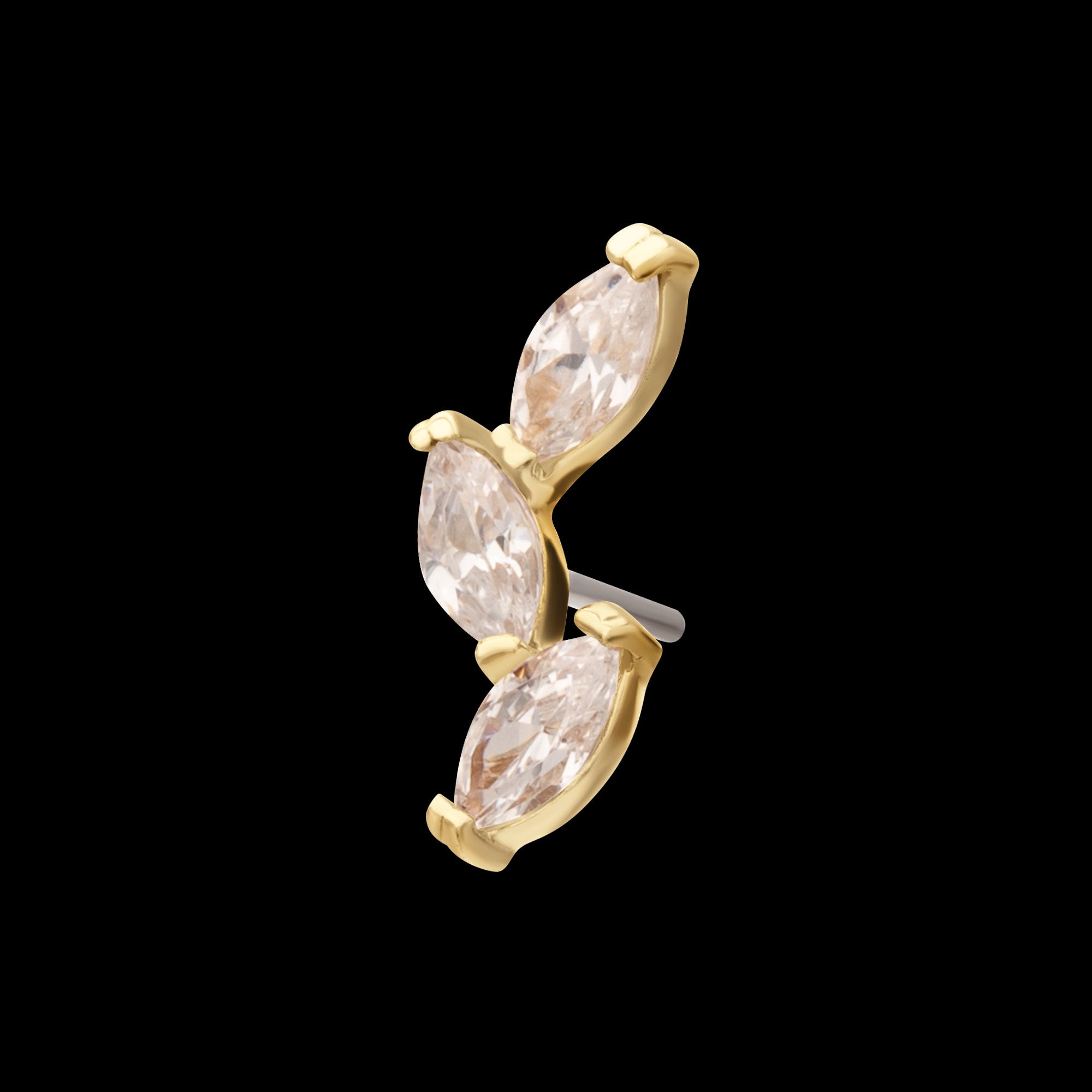Vine Shape with 3-Tier Marquise Gem Flatback Stud Earring / Nosering - Gem in 14Kt Gold