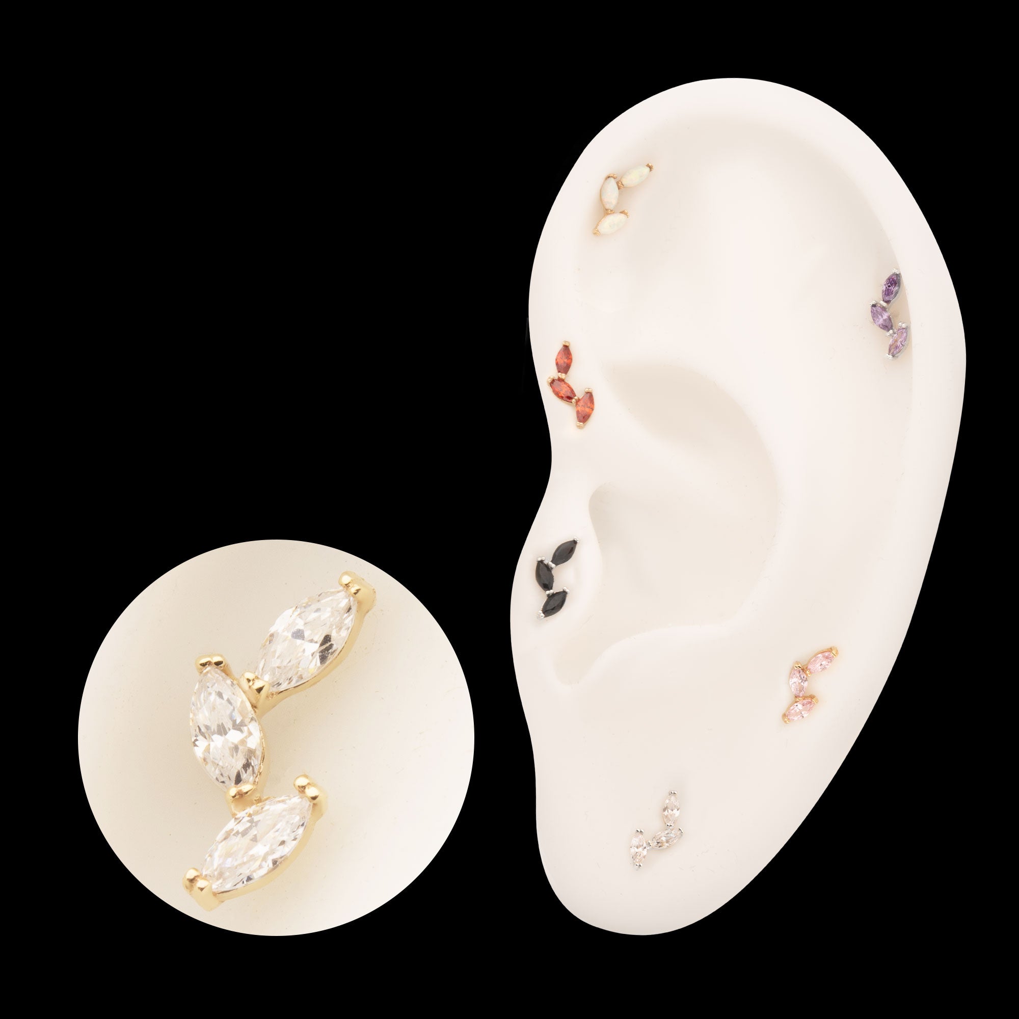 Vine Shape with 3-Tier Marquise Gem Flatback Stud Earring / Nosering - Gem in 14Kt Gold