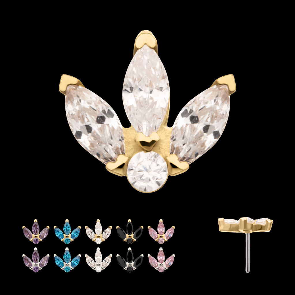 Marquise Fan with Central Round CZ Gem Flatback Stud Earring / Nosering - CZ in 14Kt Gold