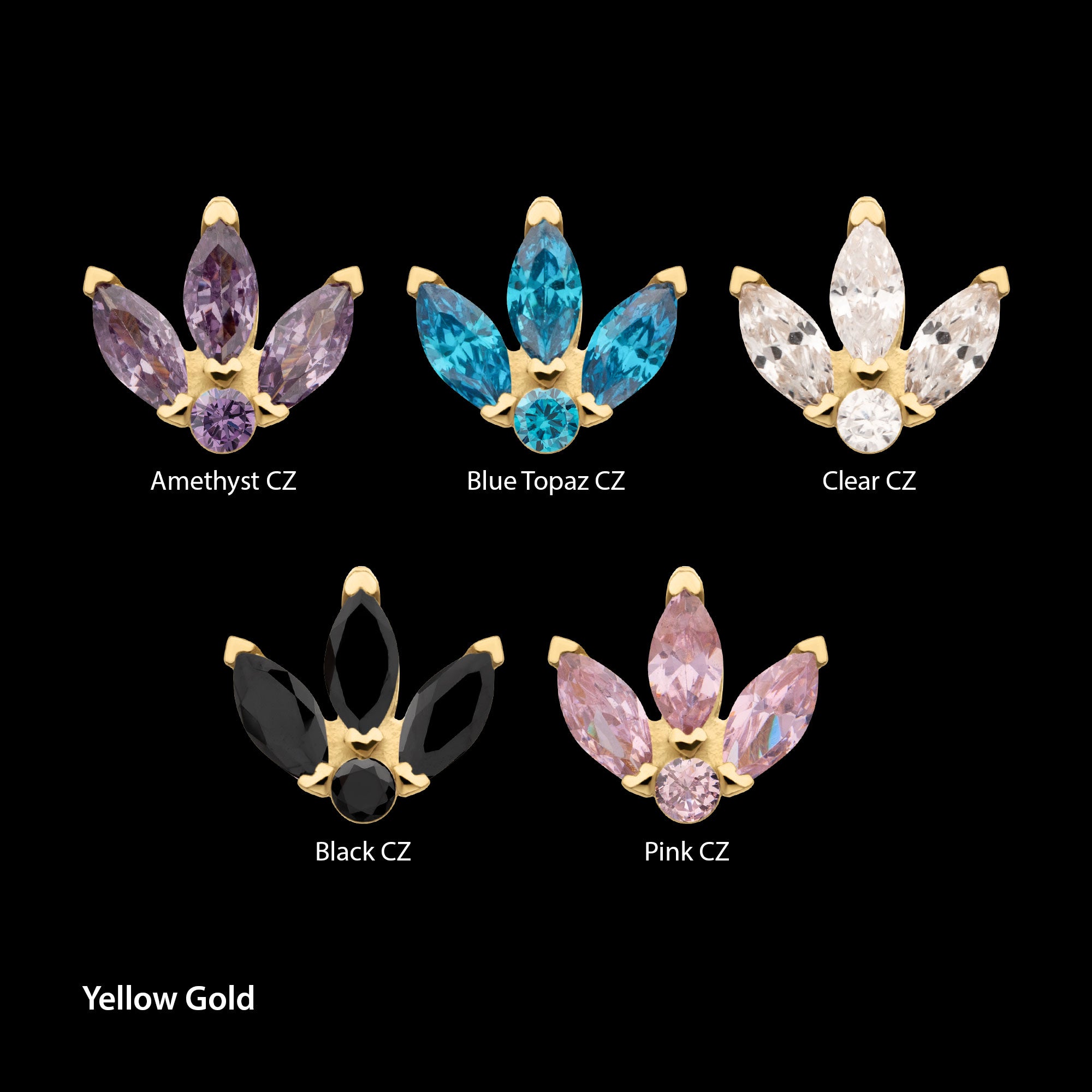 Marquise Fan with Central Round CZ Gem Flatback Stud Earring / Nosering - CZ in 14Kt Gold
