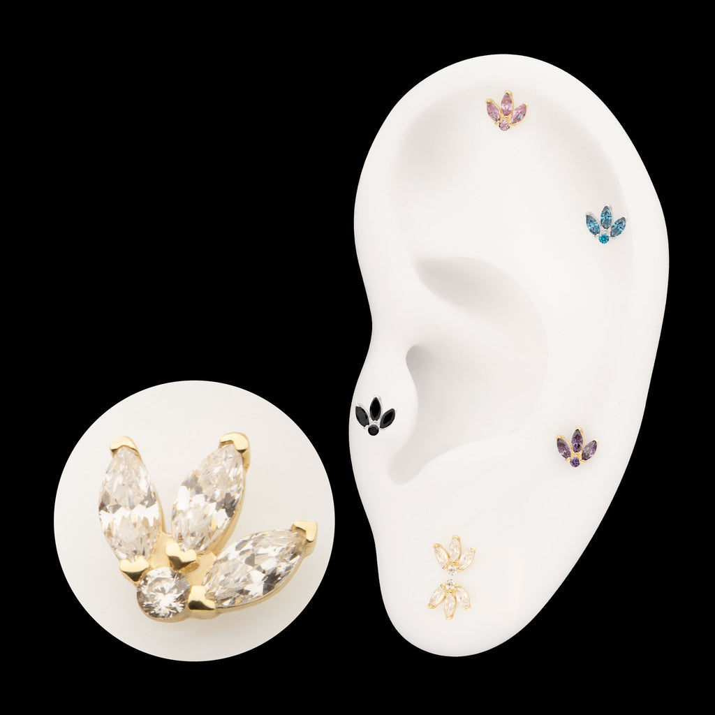 Marquise Fan with Central Round CZ Gem Flatback Stud Earring / Nosering - CZ in 14Kt Gold