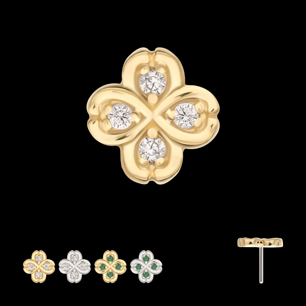 4 Leaf Clover with Prong Gem Accents Flatback Stud Earring / Nosering - Gem in 14Kt Gold