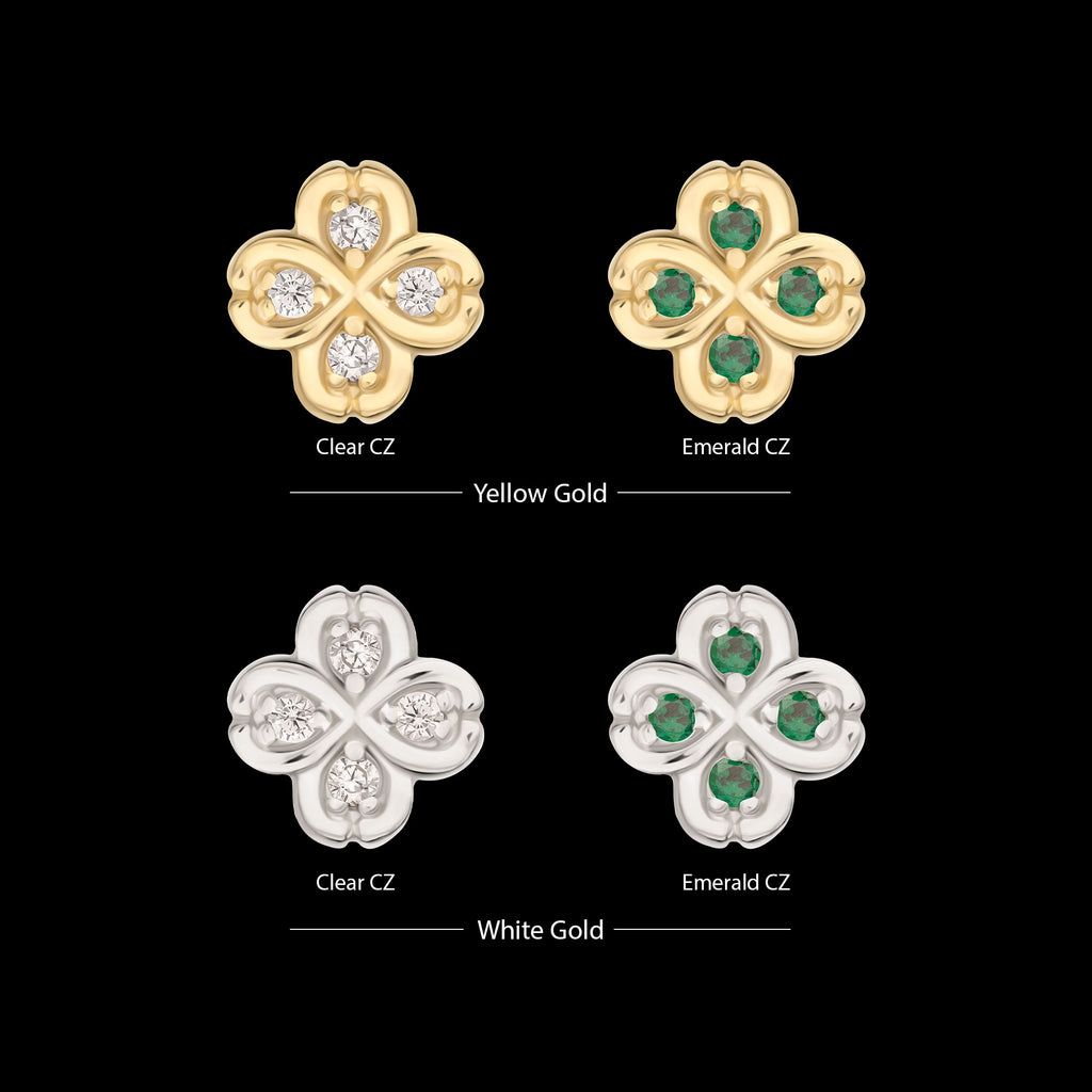 4 Leaf Clover with Prong Gem Accents Flatback Stud Earring / Nosering - Gem in 14Kt Gold