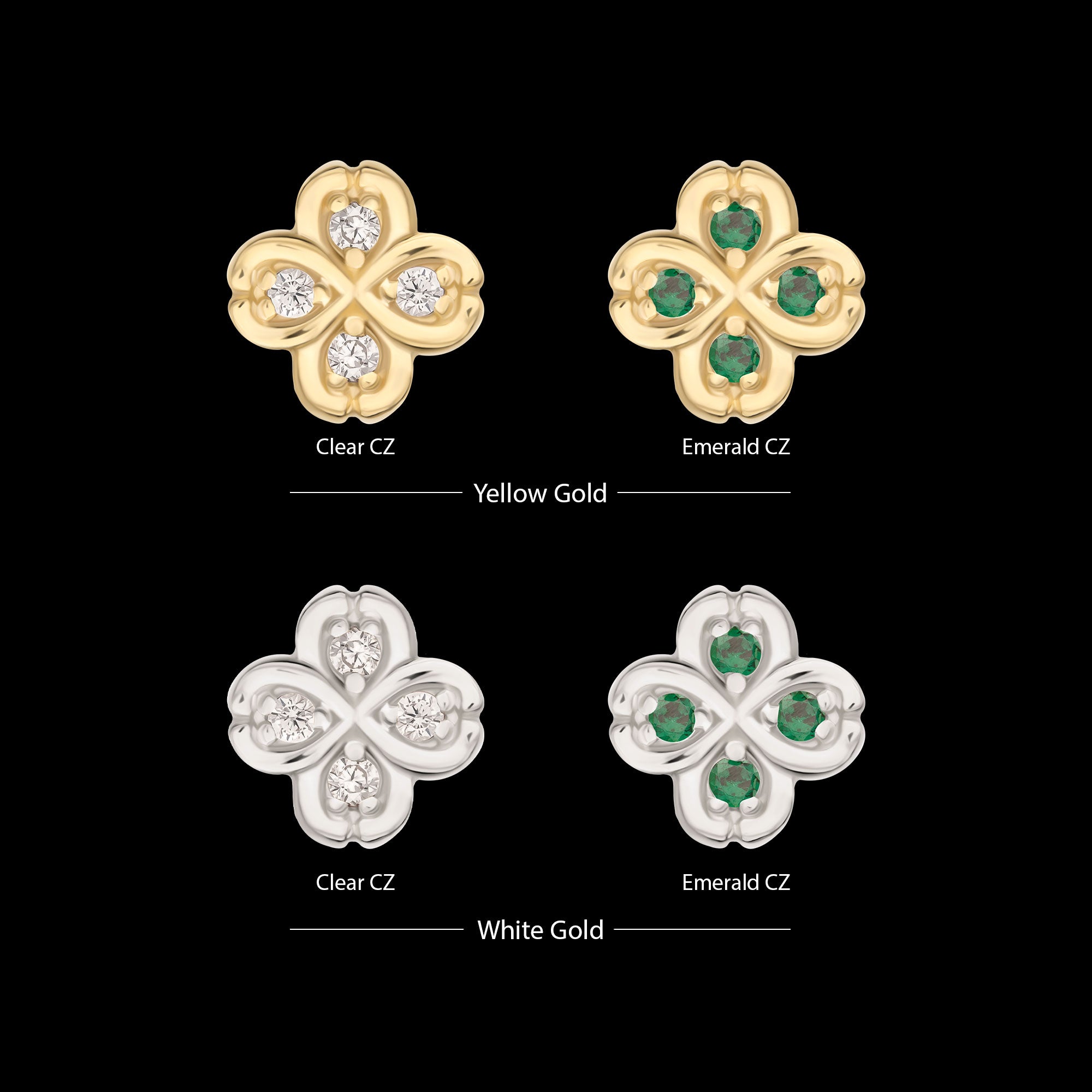 4 Leaf Clover with Prong Gem Accents Flatback Stud Earring / Nosering - Gem in 14Kt Gold