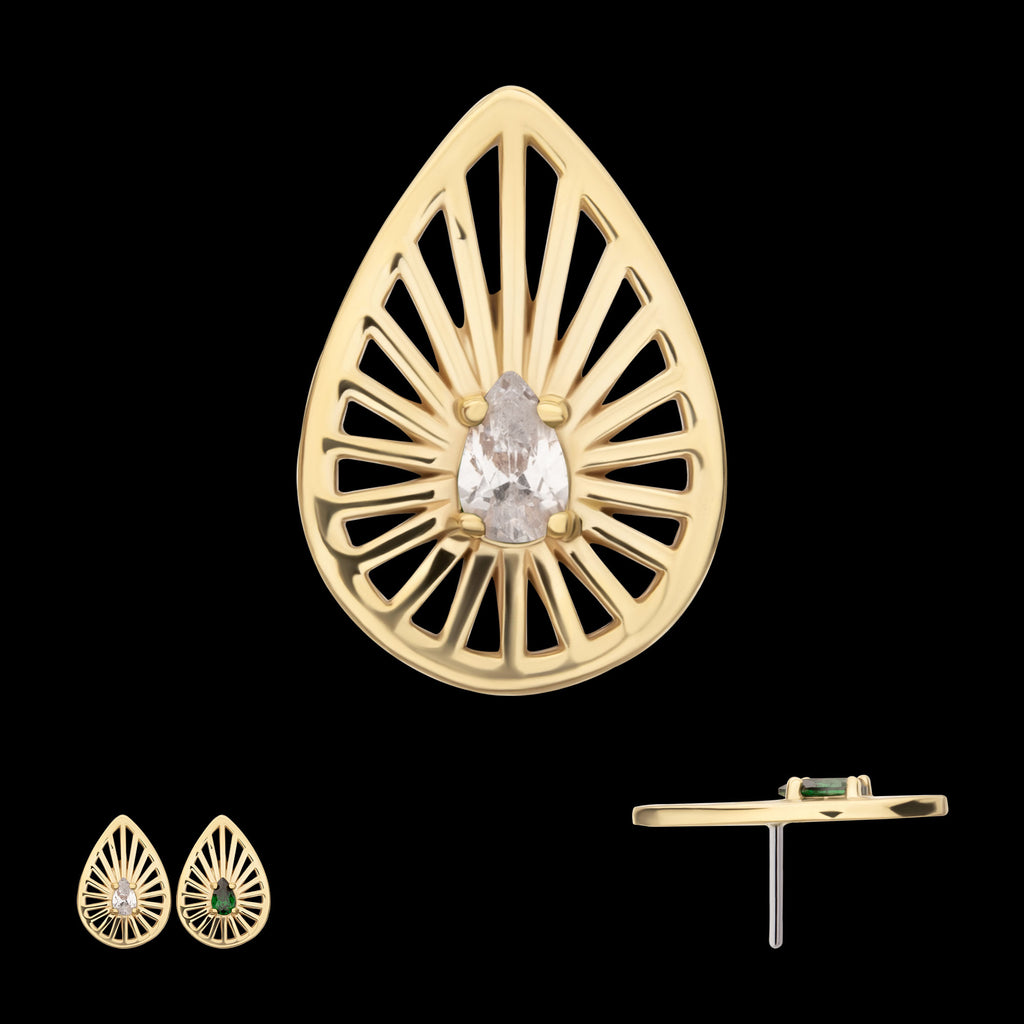 Prong Set Teardrop CZ Gem on a Radiant Teardrop Shape Flatback Stud Earring / Nosering - CZ in 14Kt Yellow Gold