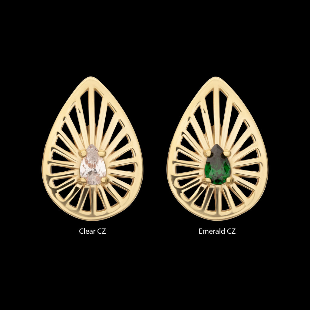 Prong Set Teardrop CZ Gem on a Radiant Teardrop Shape Flatback Stud Earring / Nosering - CZ in 14Kt Yellow Gold
