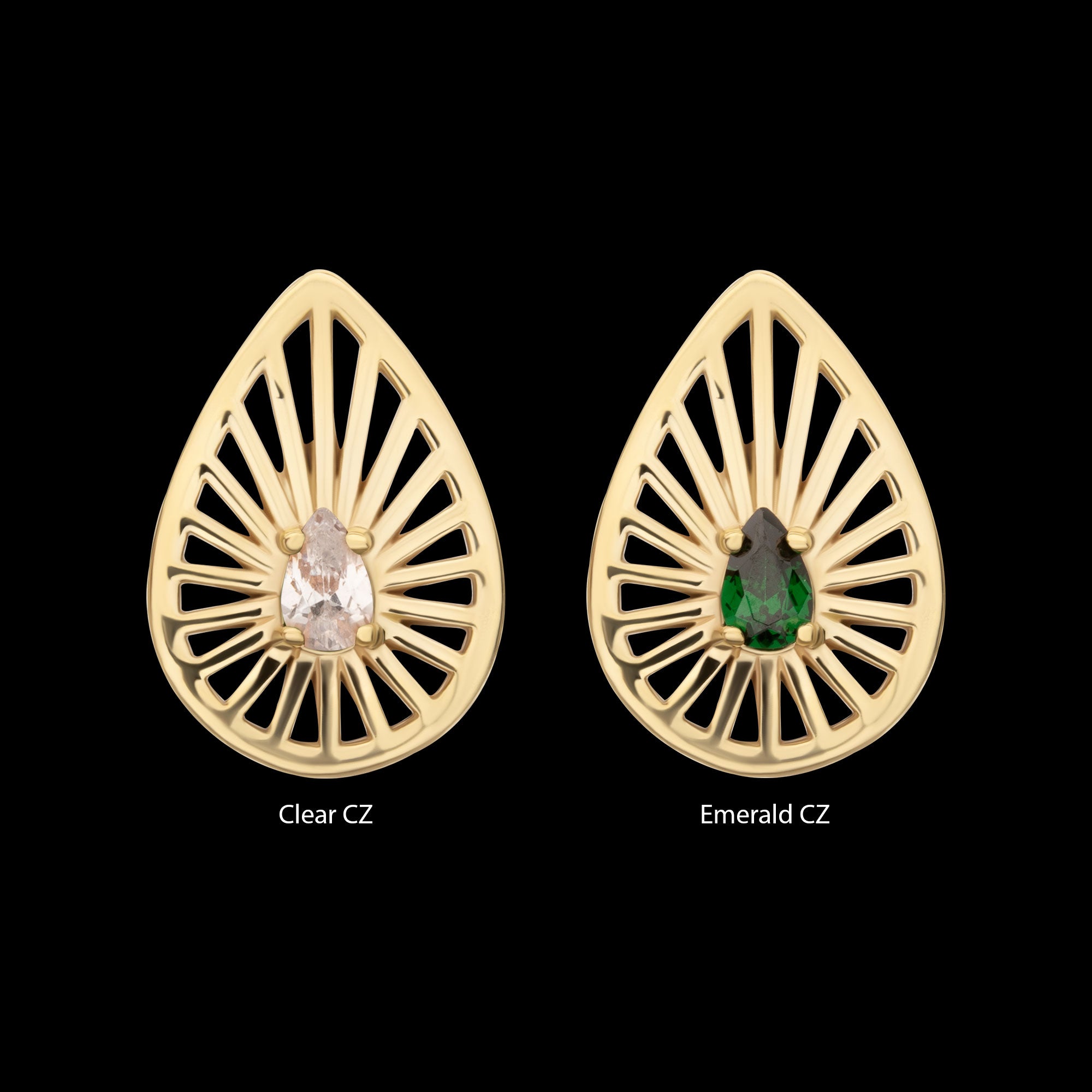 Prong Set Teardrop CZ Gem on a Radiant Teardrop Shape Flatback Stud Earring / Nosering - CZ in 14Kt Yellow Gold