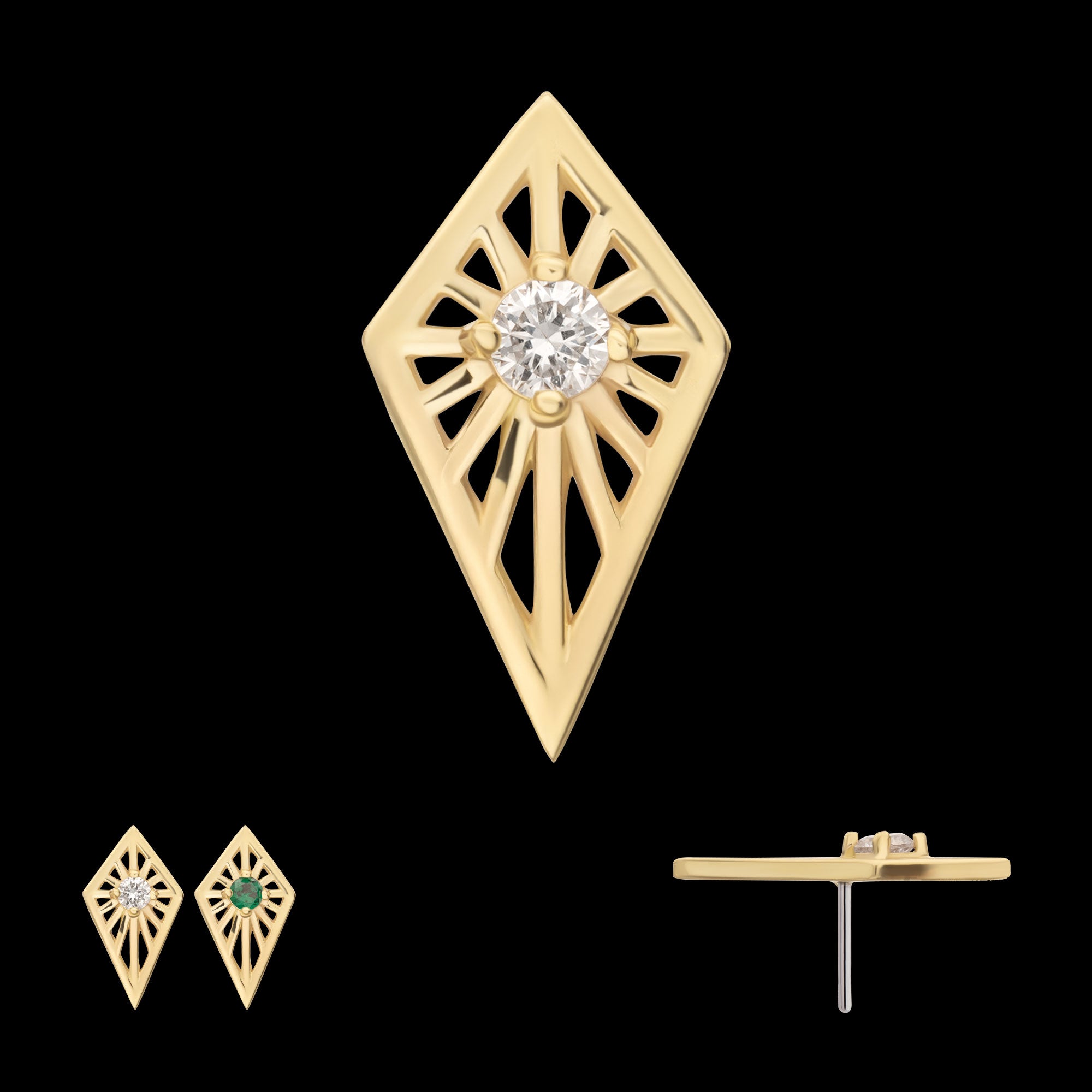 Prong Set Round CZ Gem on a Radiant Kite Shape Flatback Stud Earring / Nosering - CZ in 14Kt Yellow Gold