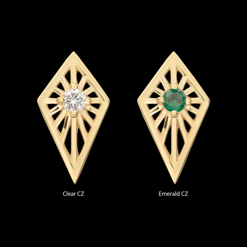 Prong Set Round CZ Gem on a Radiant Kite Shape Flatback Stud Earring / Nosering - CZ in 14Kt Yellow Gold