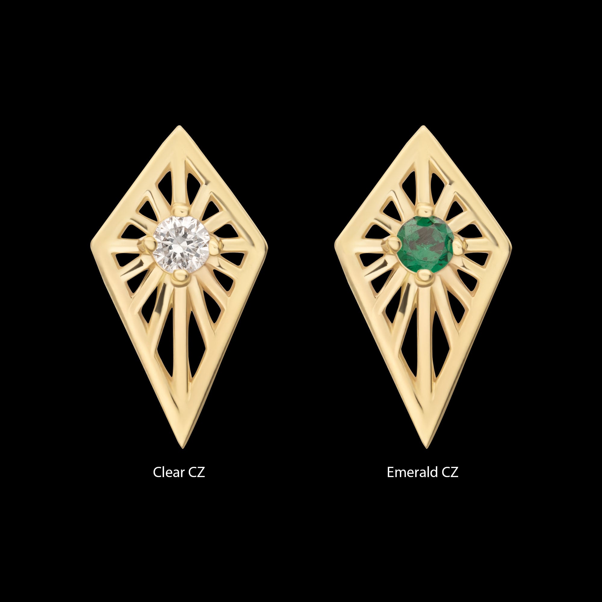 Prong Set Round CZ Gem on a Radiant Kite Shape Flatback Stud Earring / Nosering - CZ in 14Kt Yellow Gold