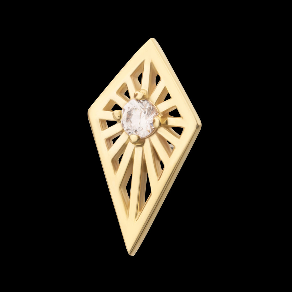 Prong Set Round CZ Gem on a Radiant Kite Shape Flatback Stud Earring / Nosering - CZ in 14Kt Yellow Gold