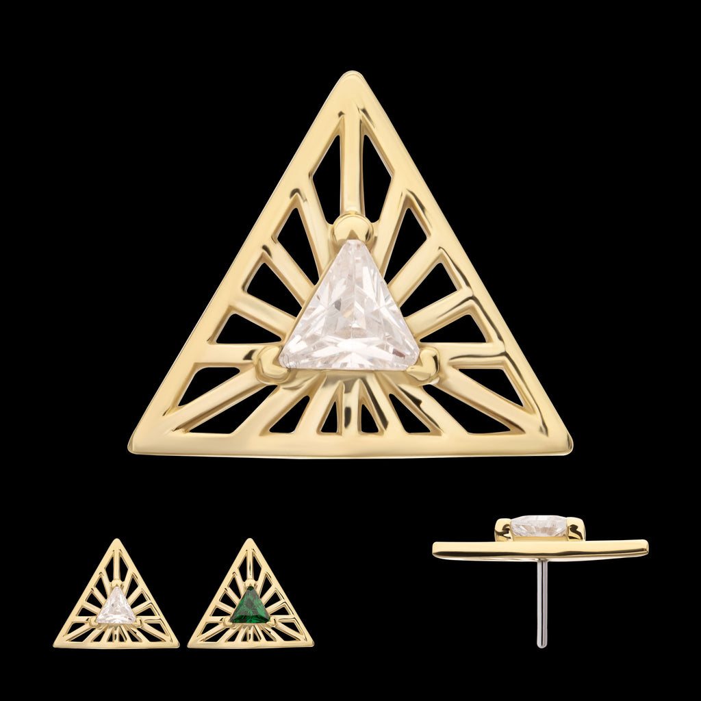Prong Set Triangle CZ Gem on a Radiant Triangle Shape Flatback Stud Earring / Nosering - CZ in 14Kt Yellow Gold