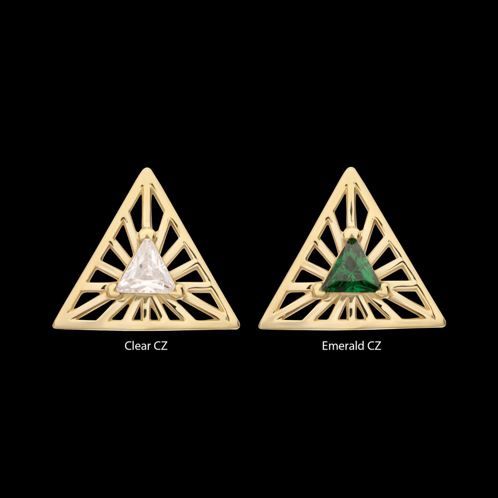 Prong Set Triangle CZ Gem on a Radiant Triangle Shape Flatback Stud Earring / Nosering - CZ in 14Kt Yellow Gold