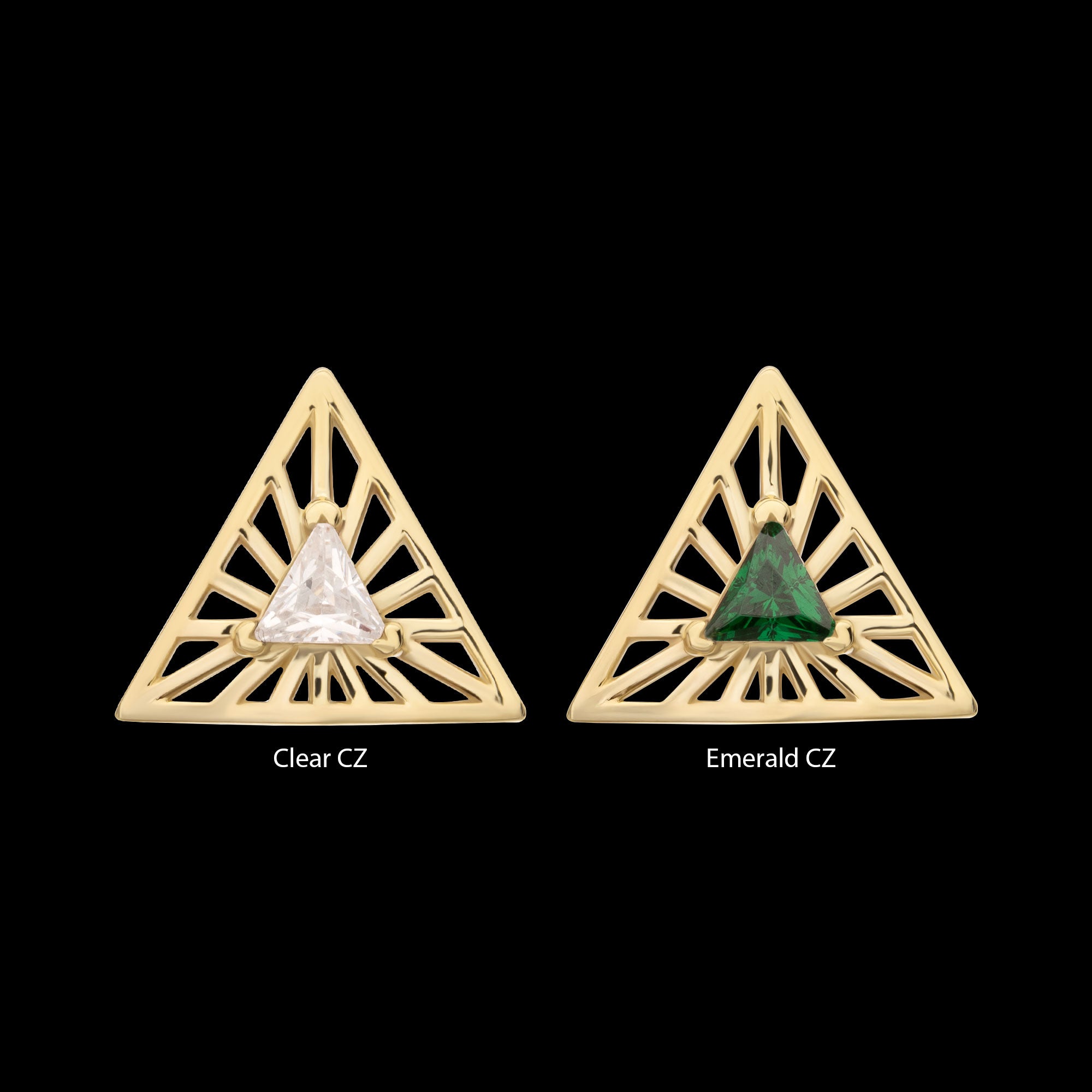 Prong Set Triangle CZ Gem on a Radiant Triangle Shape Flatback Stud Earring / Nosering - CZ in 14Kt Yellow Gold