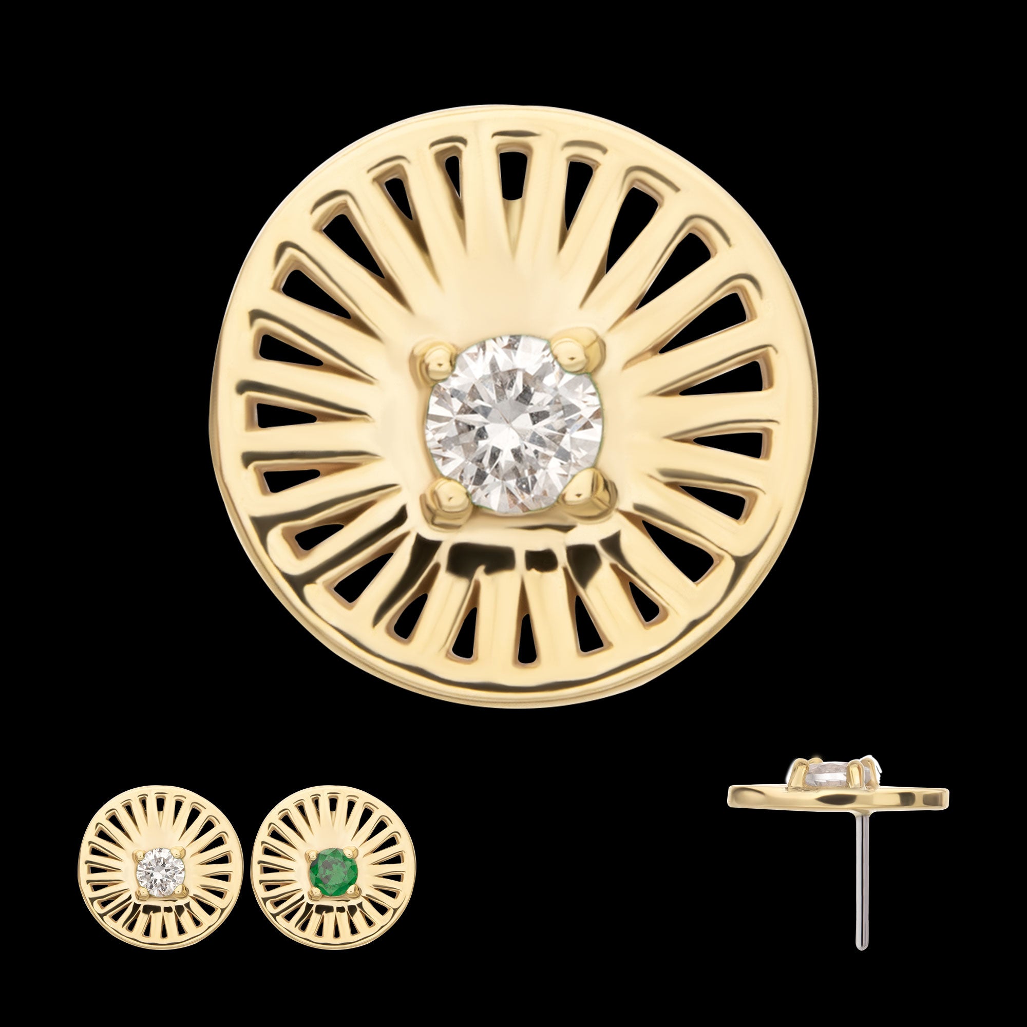 Prong Set Round CZ Gem on a Radiant Round Shape Flatback Stud Earring / Nosering - CZ in 14Kt Yellow Gold