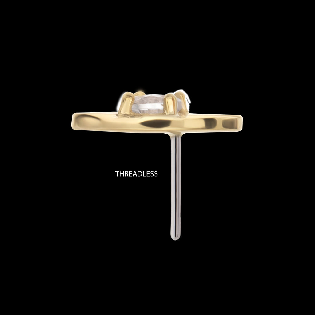 Prong Set Round CZ Gem on a Radiant Round Shape Flatback Stud Earring / Nosering - CZ in 14Kt Yellow Gold