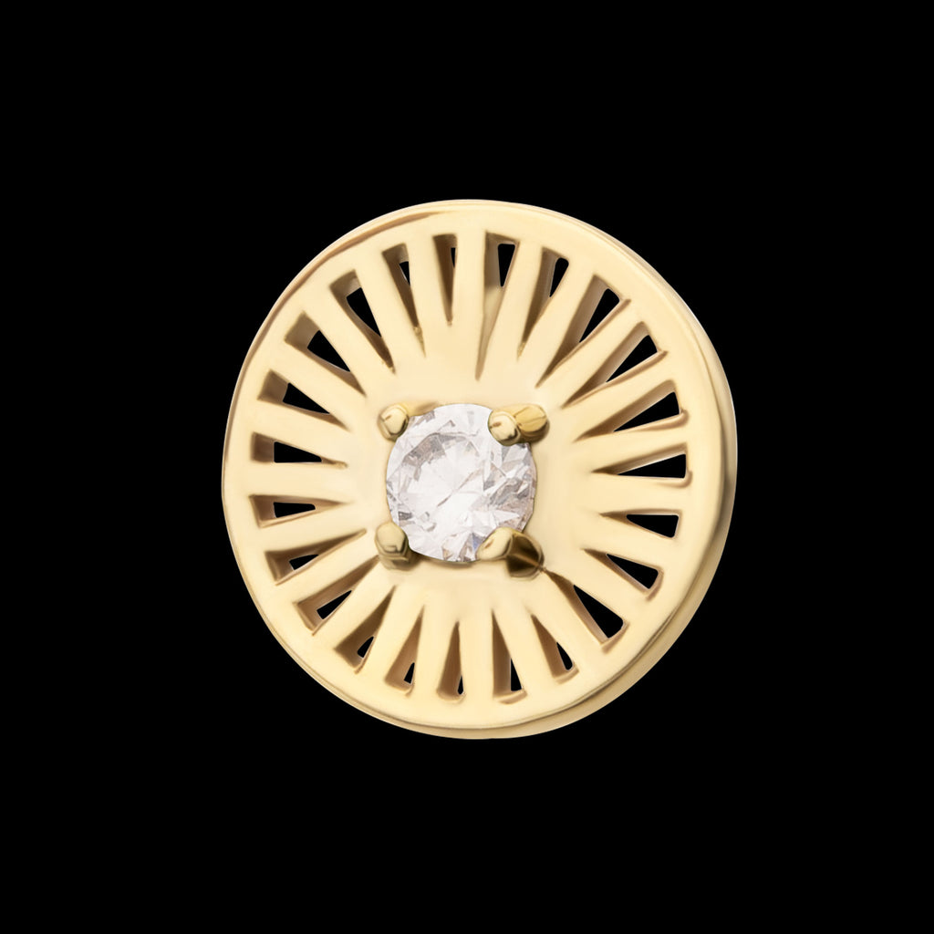 Prong Set Round CZ Gem on a Radiant Round Shape Flatback Stud Earring / Nosering - CZ in 14Kt Yellow Gold