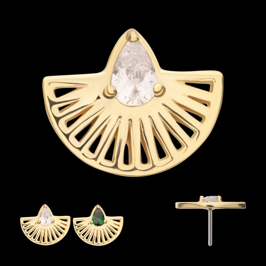 Prong Set Teardrop CZ Gem on a Radiant Fan Shape Flatback Stud Earring / Nosering - CZ in 14Kt Yellow Gold