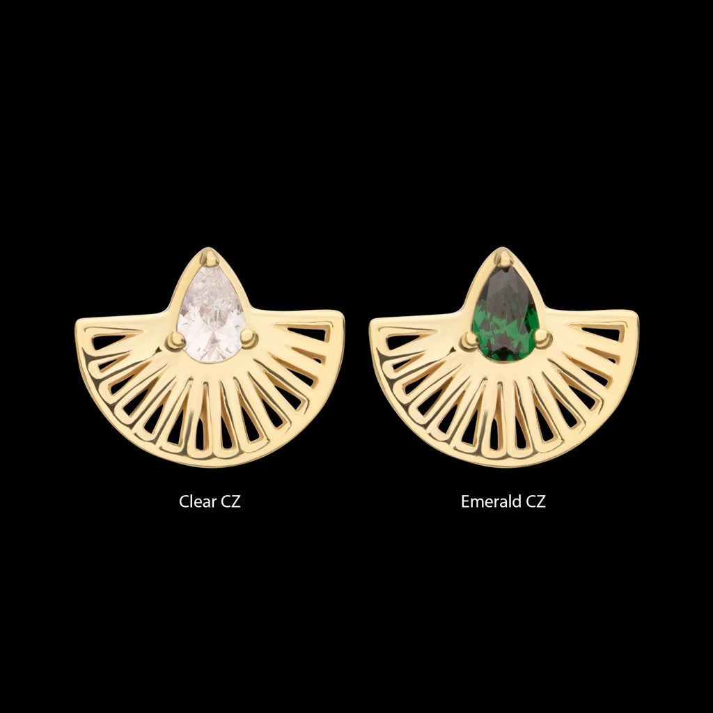 Prong Set Teardrop CZ Gem on a Radiant Fan Shape Flatback Stud Earring / Nosering - CZ in 14Kt Yellow Gold