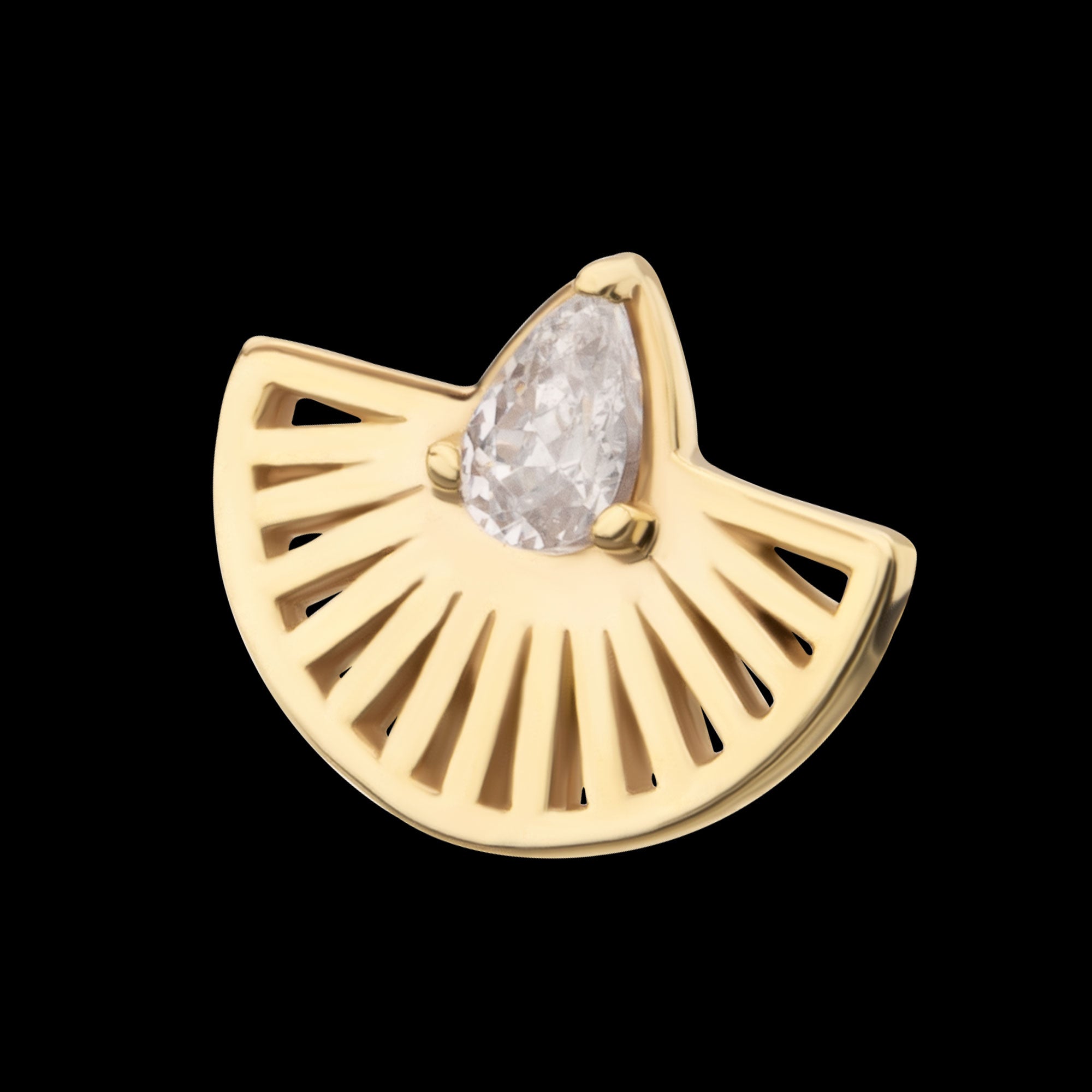 Prong Set Teardrop CZ Gem on a Radiant Fan Shape Flatback Stud Earring / Nosering - CZ in 14Kt Yellow Gold