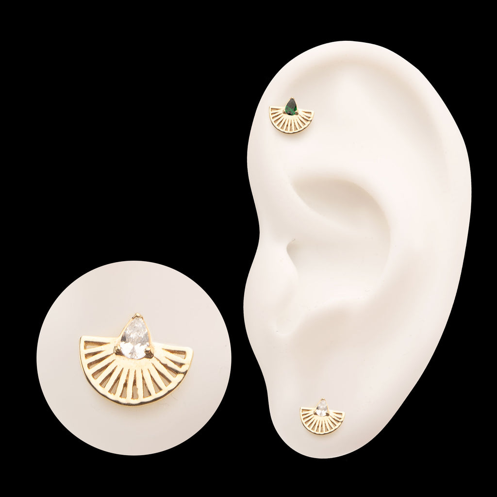 Prong Set Teardrop CZ Gem on a Radiant Fan Shape Flatback Stud Earring / Nosering - CZ in 14Kt Yellow Gold
