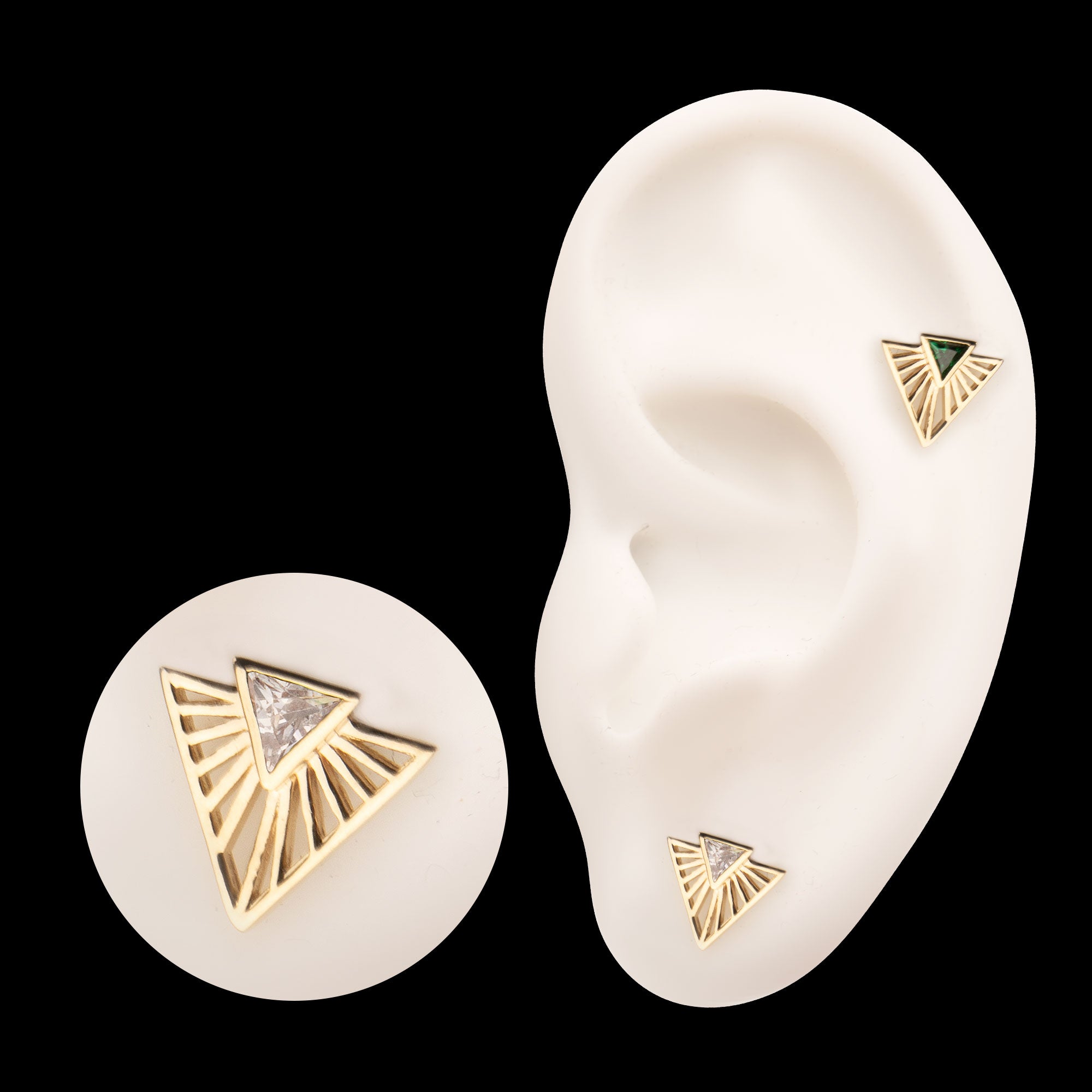 Bezel Set Triangle CZ Gem on a Radiant Triangle Shape Flatback Stud Earring / Nosering - CZ in 14Kt Yellow Gold