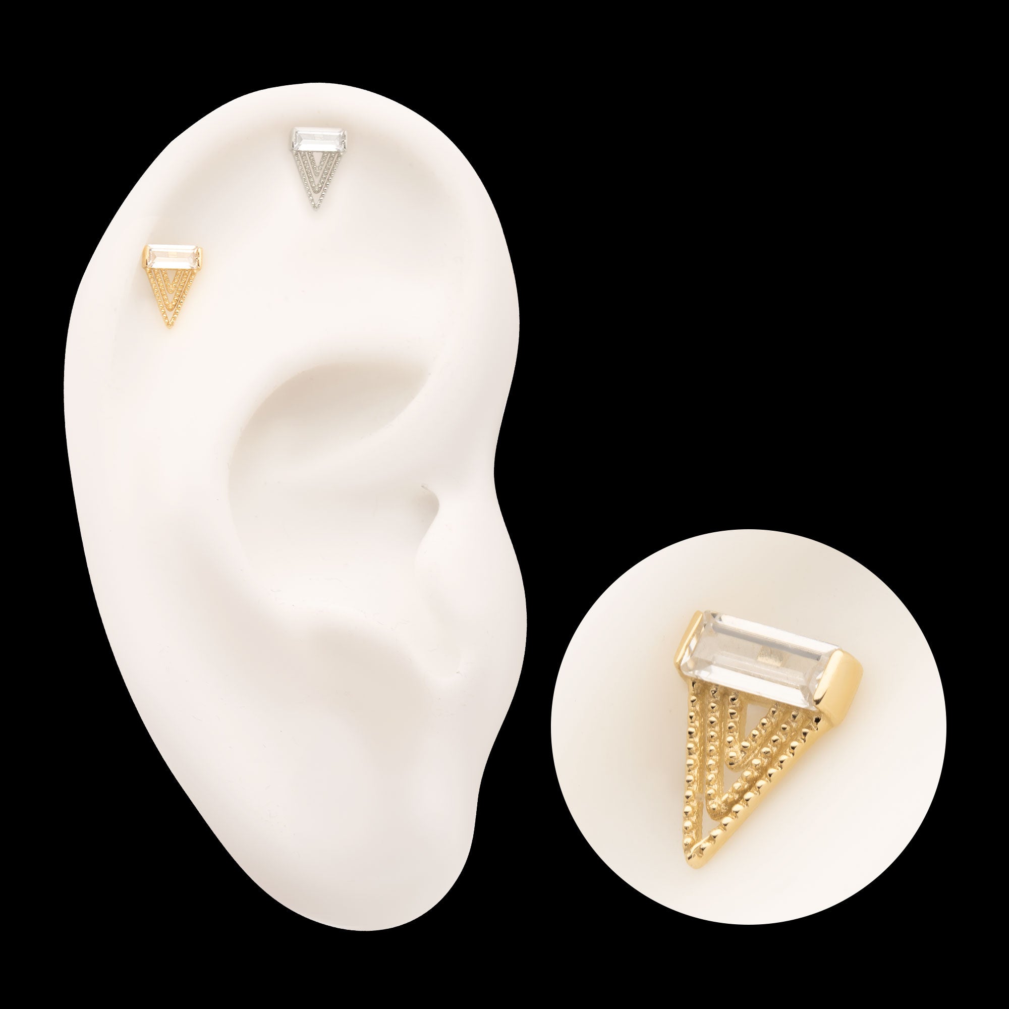 Triangular Baguette Gem Flatback Stud Earring / Nosering - Gem in 14Kt Gold
