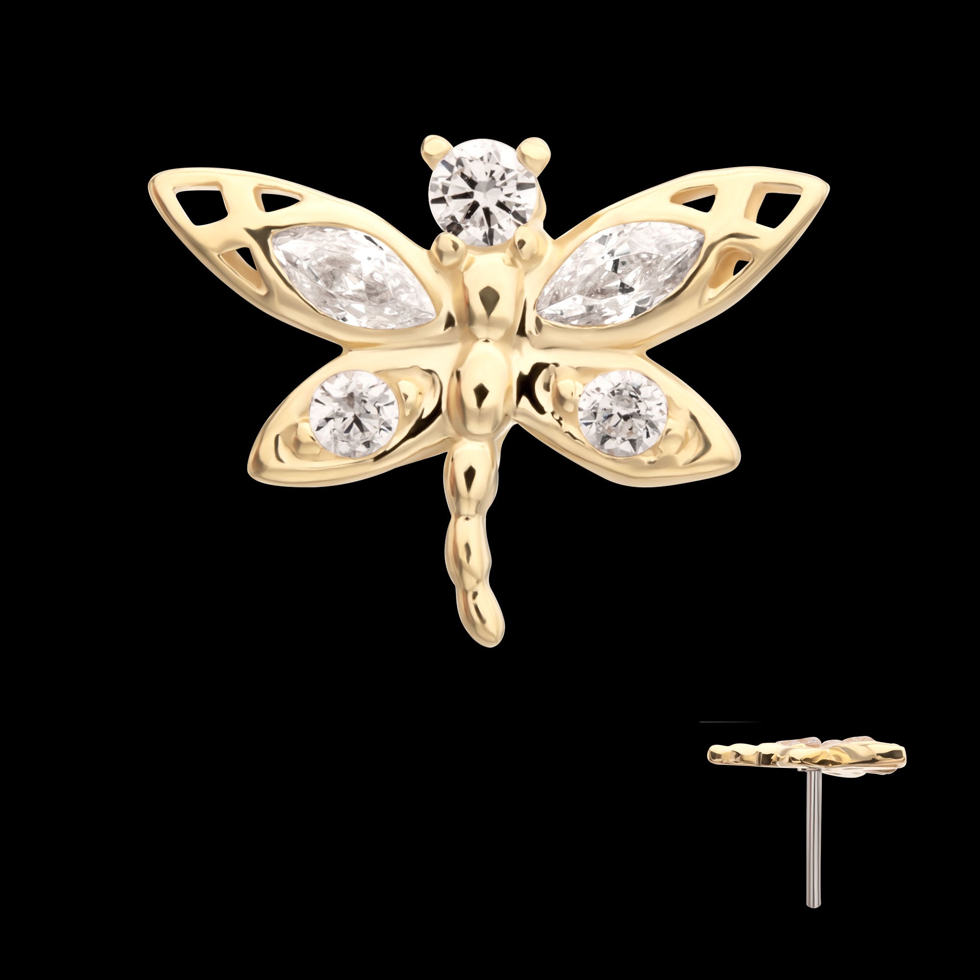Marquise Wing Dragonfly Flatback Stud Earring / Nosering - 14Kt Yellow Gold