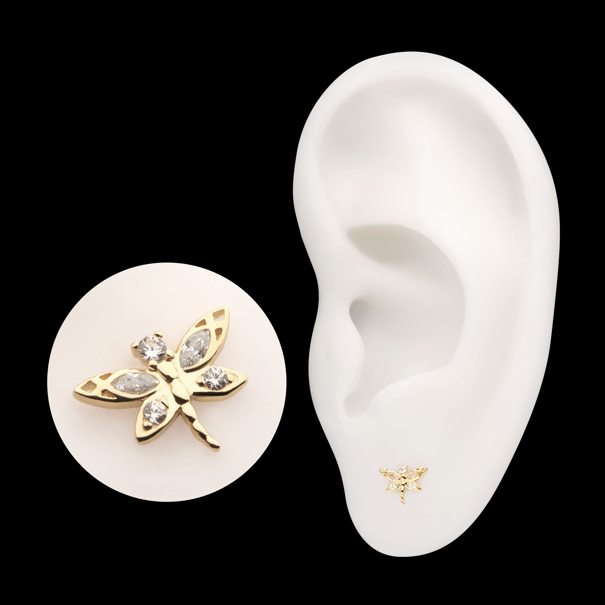 Marquise Wing Dragonfly Flatback Stud Earring / Nosering - 14Kt Yellow Gold
