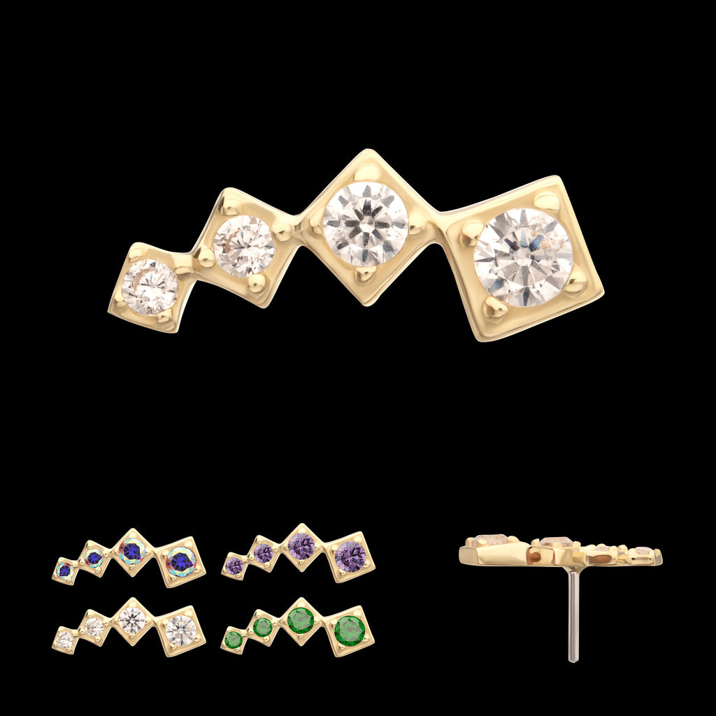 4-Cluster Staggered Square Shape with Prong Set Gem Flatback Stud Earring / Nosering - Gem in 14Kt Yellow Gold