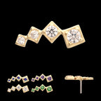 4-Cluster Staggered Square Shape with Prong Set Gem Flatback Stud Earring / Nosering - Gem in 14Kt Yellow Gold