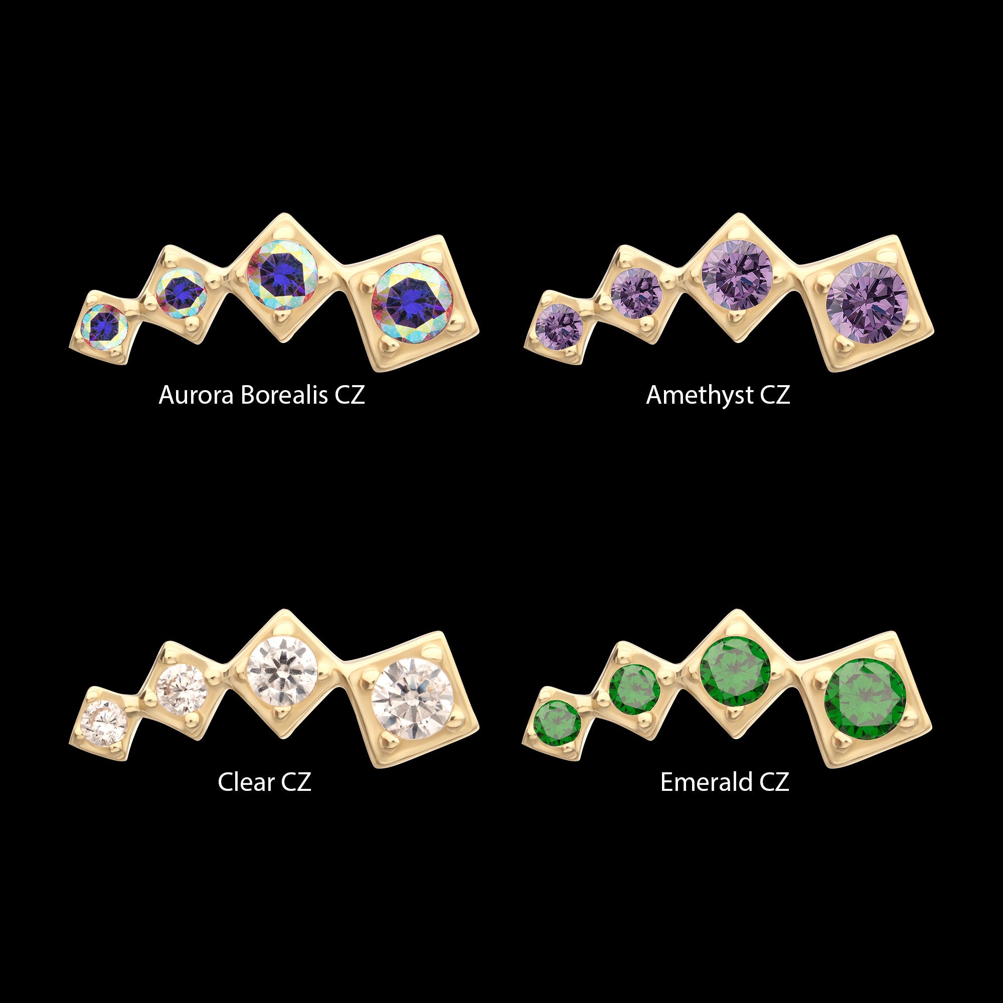 4-Cluster Staggered Square Shape with Prong Set Gem Flatback Stud Earring / Nosering - Gem in 14Kt Yellow Gold