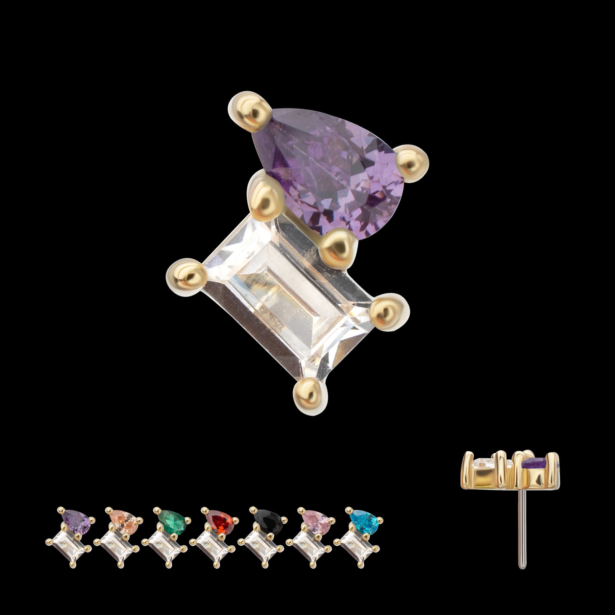 Baguette & Teardrop Prong Set Multi-Gem Flatback Stud Earring / Nosering - Gem in 14Kt Yellow Gold