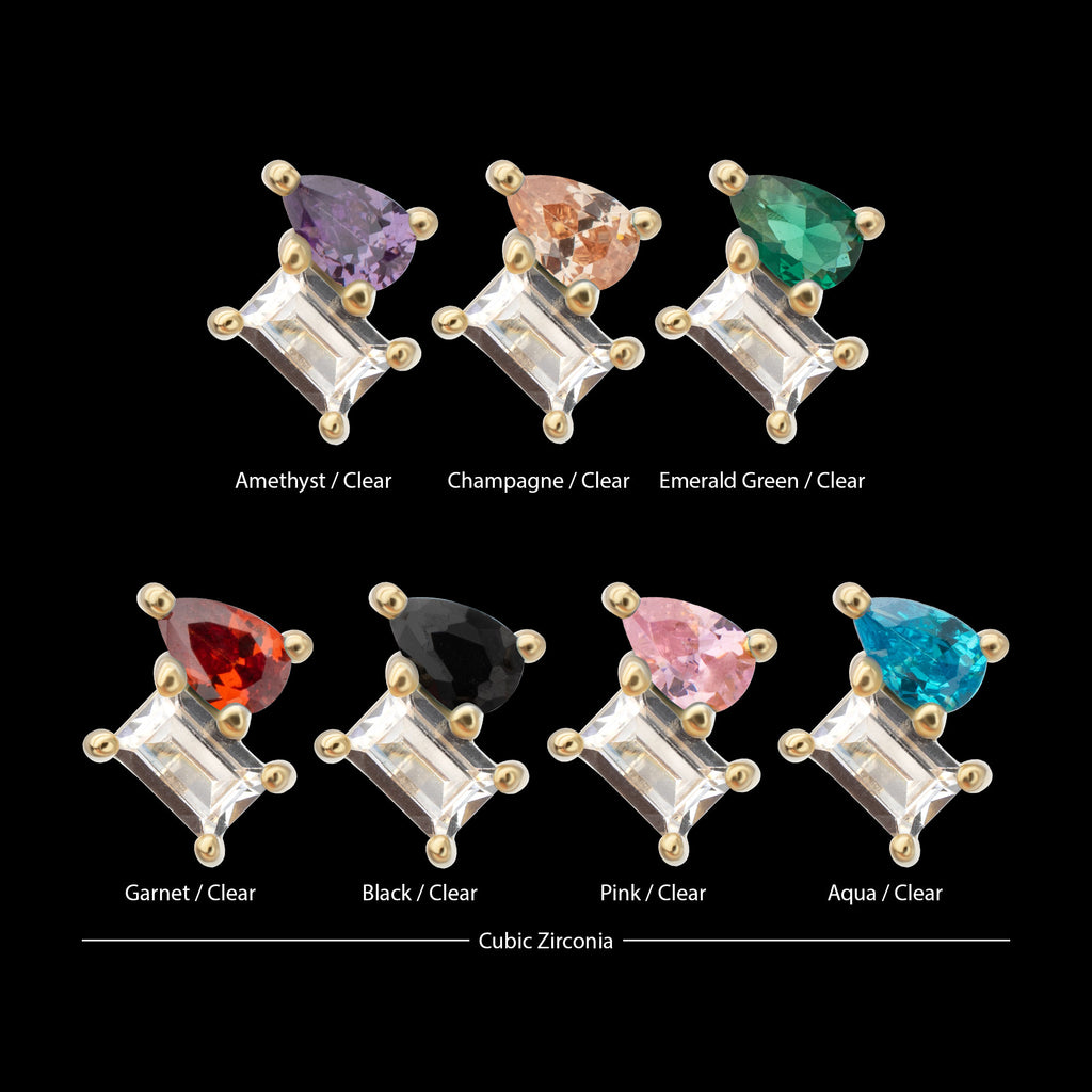 Baguette & Teardrop Prong Set Multi-Gem Flatback Stud Earring / Nosering - Gem in 14Kt Yellow Gold