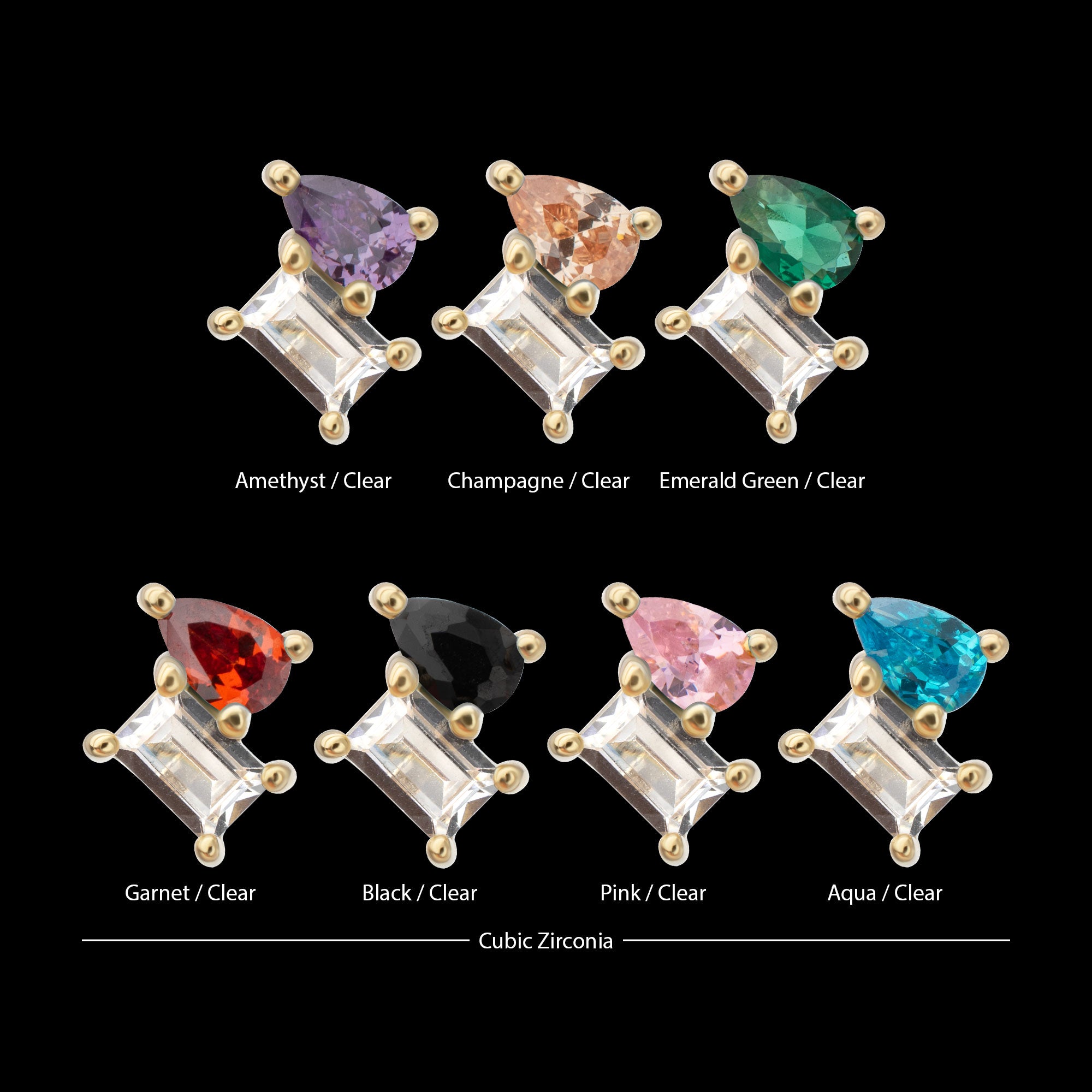 Baguette & Teardrop Prong Set Multi-Gem Flatback Stud Earring / Nosering - Gem in 14Kt Yellow Gold