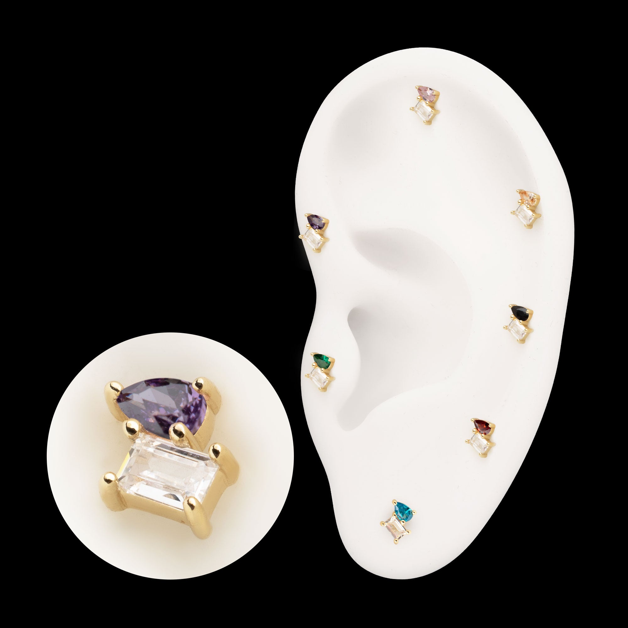 Baguette & Teardrop Prong Set Multi-Gem Flatback Stud Earring / Nosering - Gem in 14Kt Yellow Gold