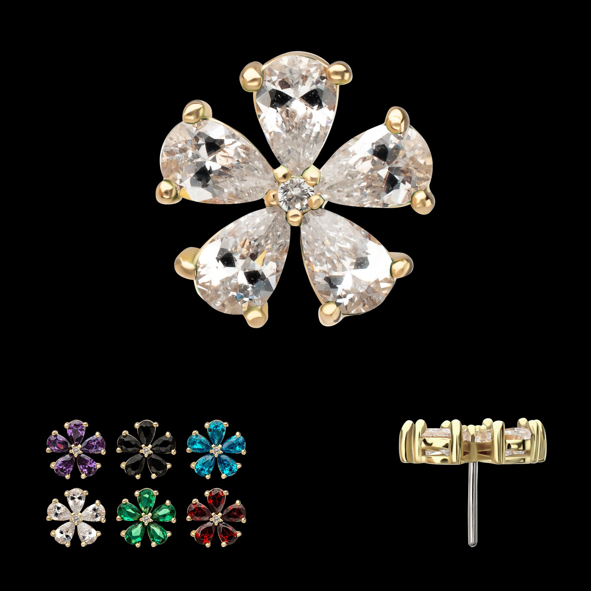 Low Profile Prong Set 5-Teardrop Gem Radiant Bloom Flower Flatback Stud Earring / Nosering - Gem in 14Kt Yellow Gold