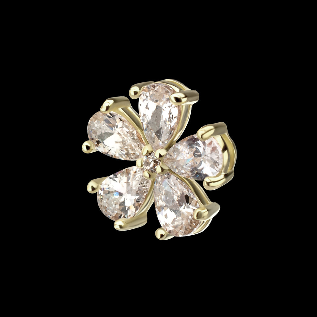 Low Profile Prong Set 5-Teardrop Gem Radiant Bloom Flower Flatback Stud Earring / Nosering - Gem in 14Kt Yellow Gold