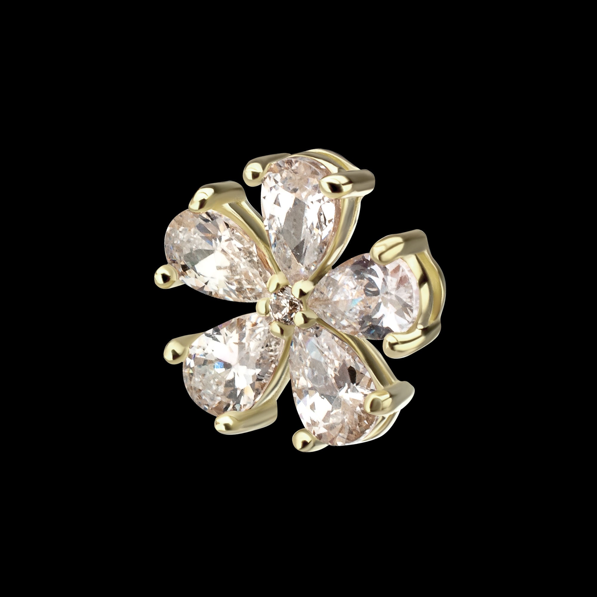 Low Profile Prong Set 5-Teardrop Gem Radiant Bloom Flower Flatback Stud Earring / Nosering - Gem in 14Kt Yellow Gold