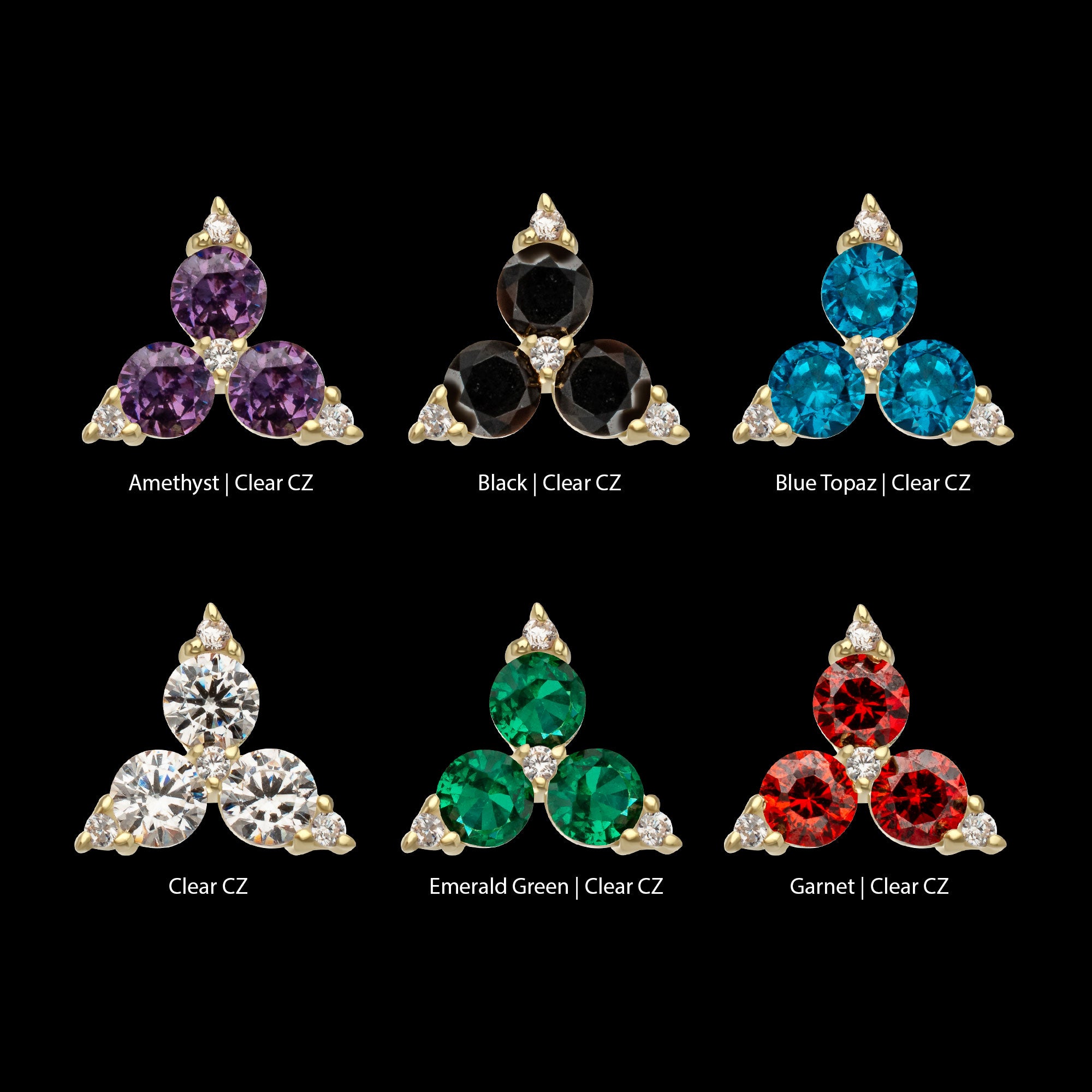 Low Profile Trinity Gem Crowned with 3-Prong Gem Flatback Stud Earring / Nosering - Gem in 14Kt Yellow Gold