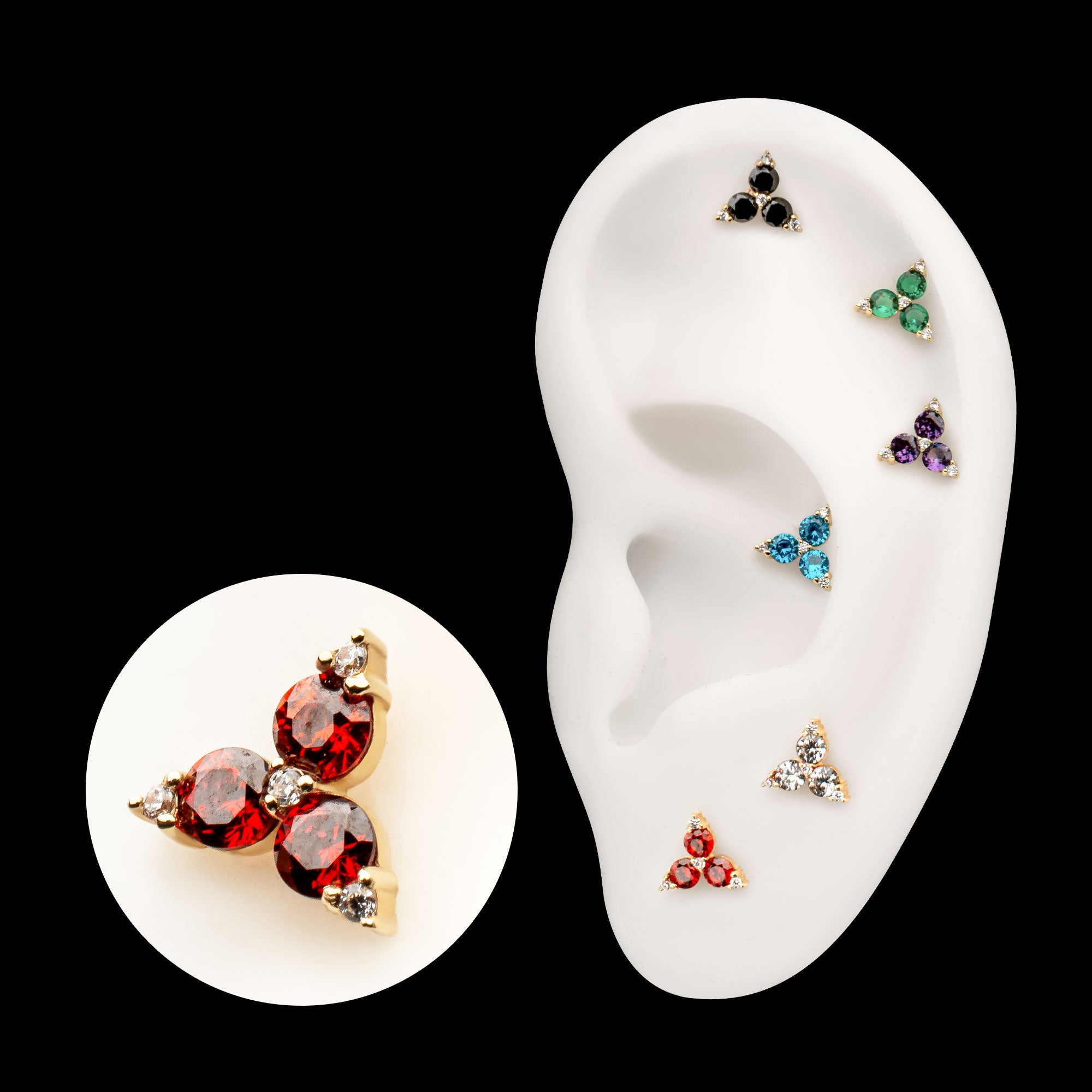 Low Profile Trinity Gem Crowned with 3-Prong Gem Flatback Stud Earring / Nosering - Gem in 14Kt Yellow Gold